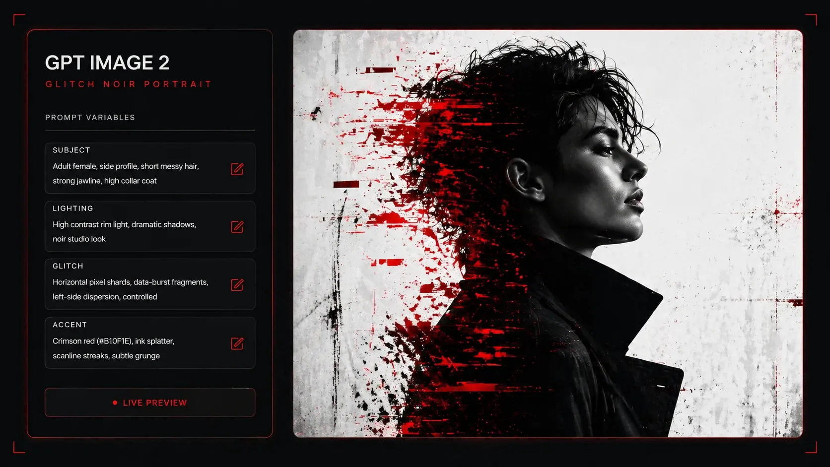 Glitch Noir Portraits prompt variable editing workflow