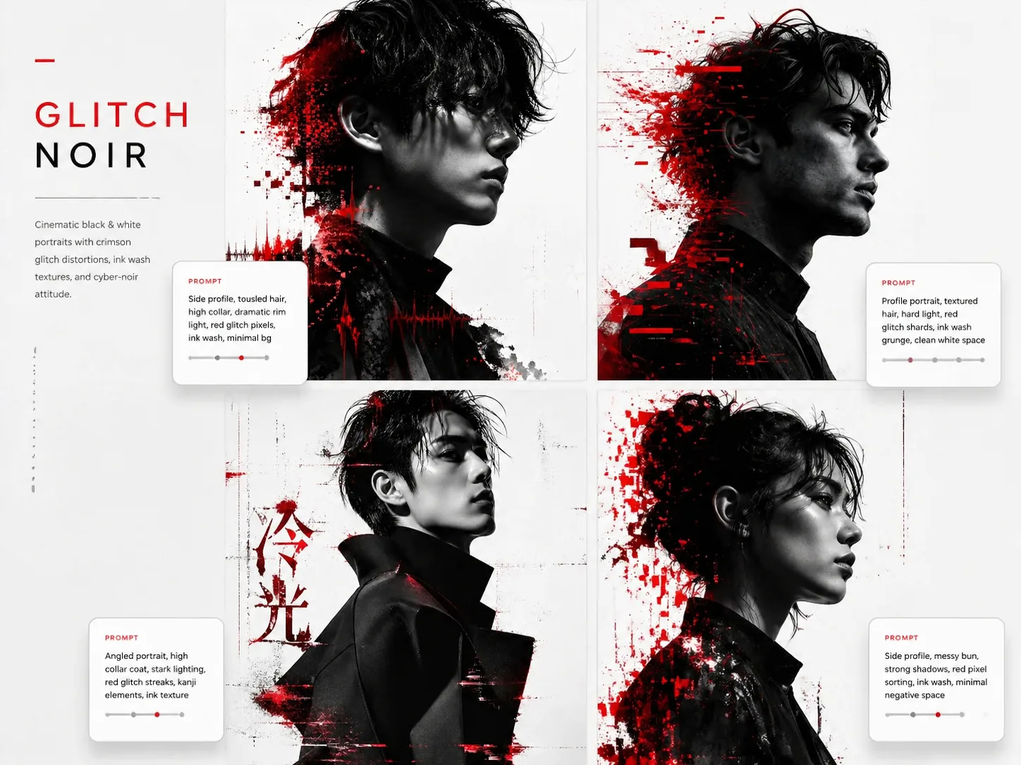 Glitch Noir Portraits overview with sample portraits and prompt cards
