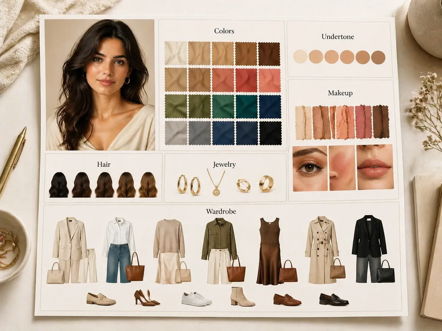 Complete GPT Image 2 fashion analysis board with portrait, color swatches, makeup, hair, jewelry, and wardrobe modules