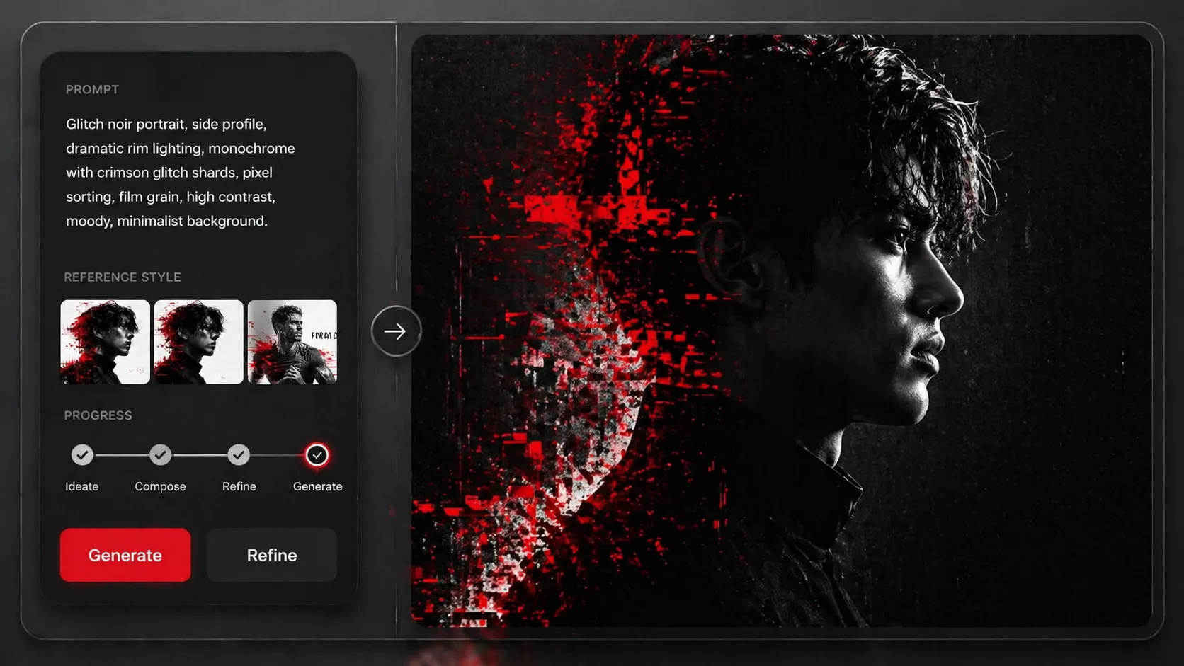 Glitch Noir Portraits generation and refinement workflow