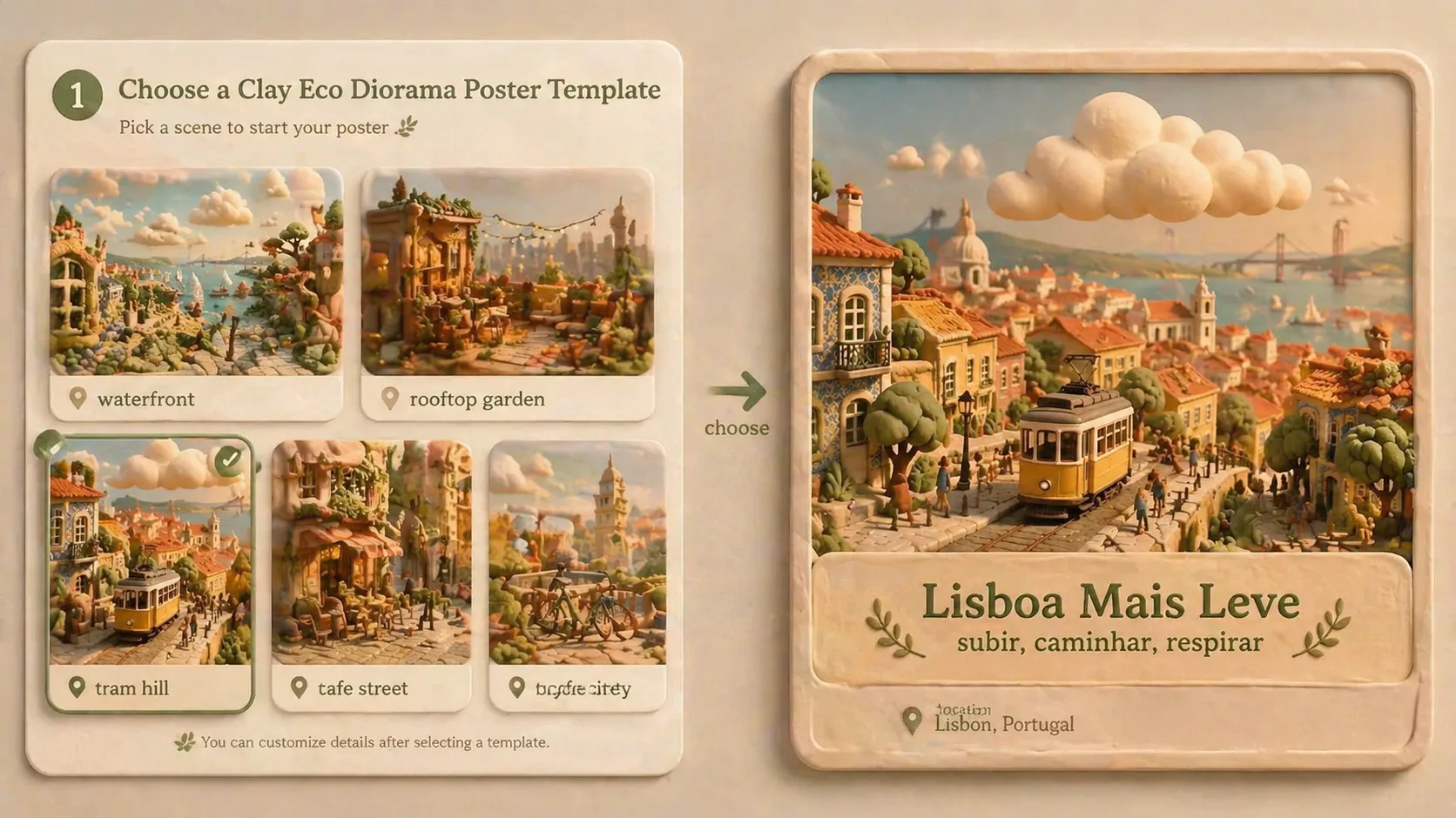 Template d'affiche éco en argile : Choosing a location-based clay eco poster template from a grid of sample previews