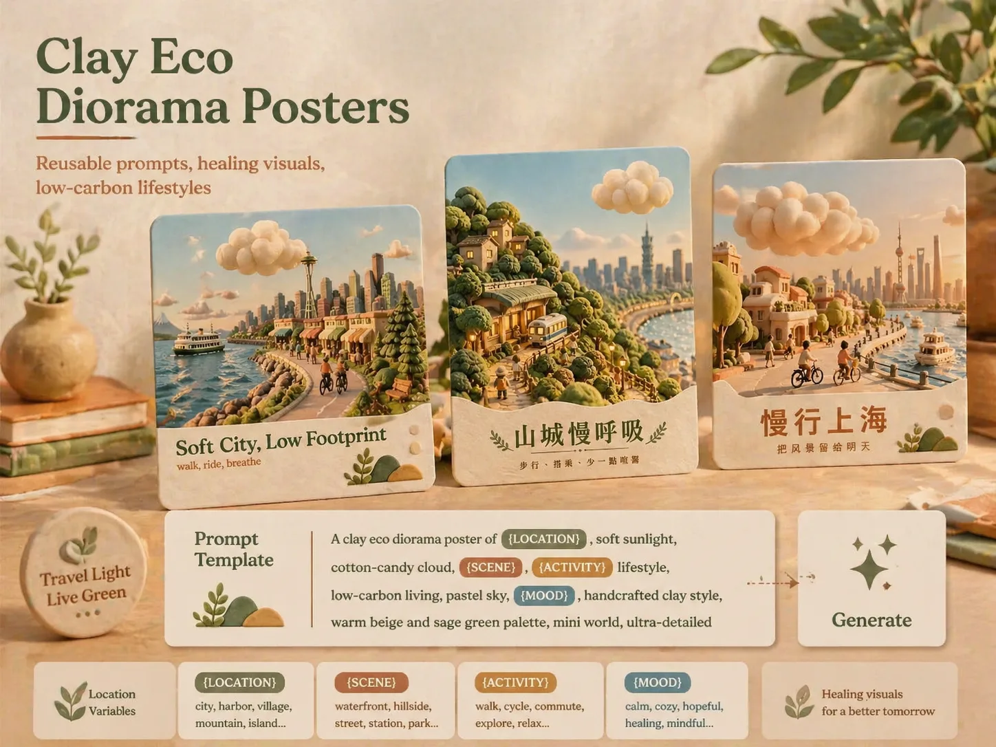Template d'affiche éco en argile : Overview of clay eco diorama poster templates with miniature city scenes and prompt variables