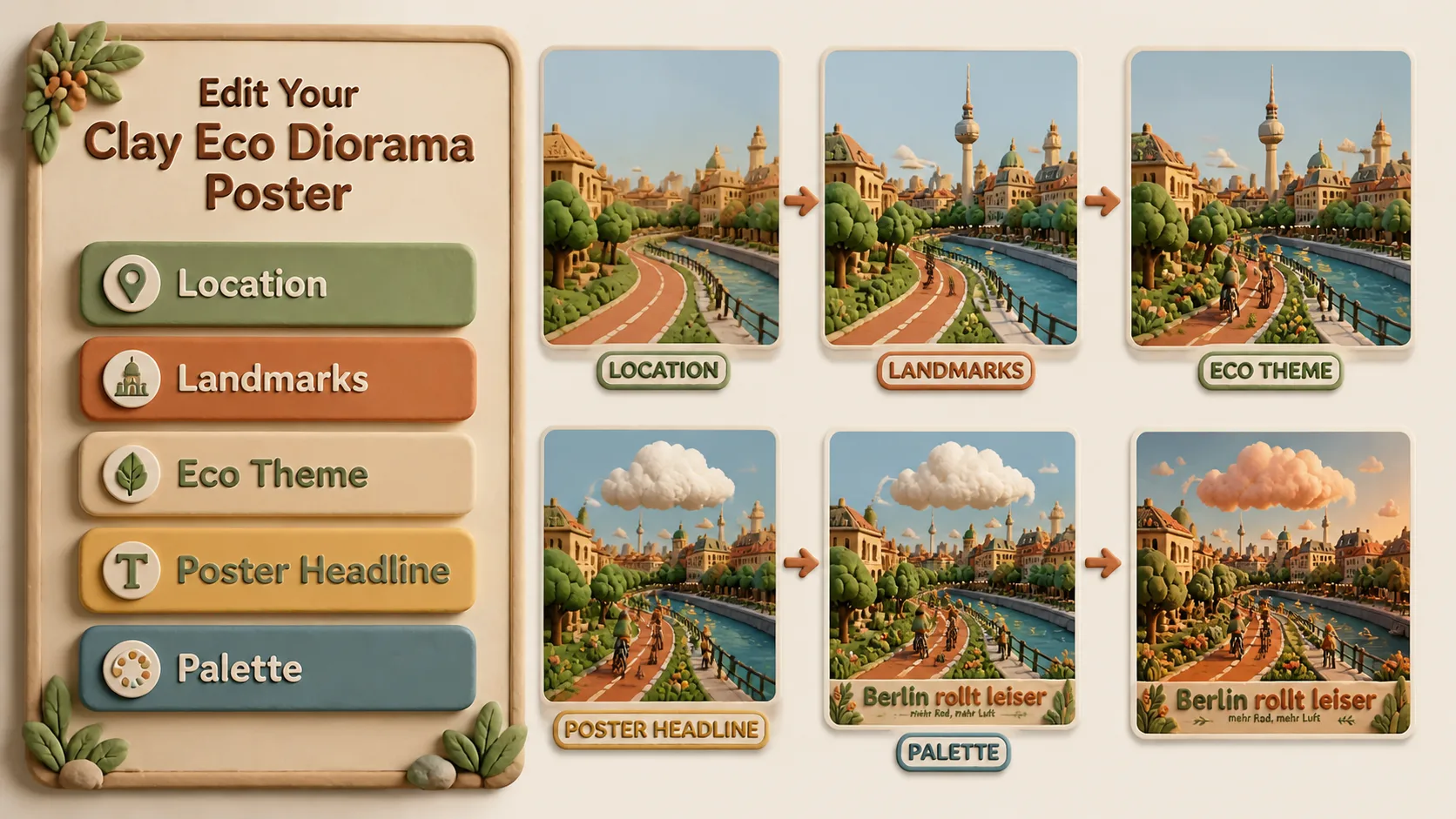 Template d'affiche éco en argile : Editing location, landmark, theme, headline, and palette variables for a clay eco poster prompt