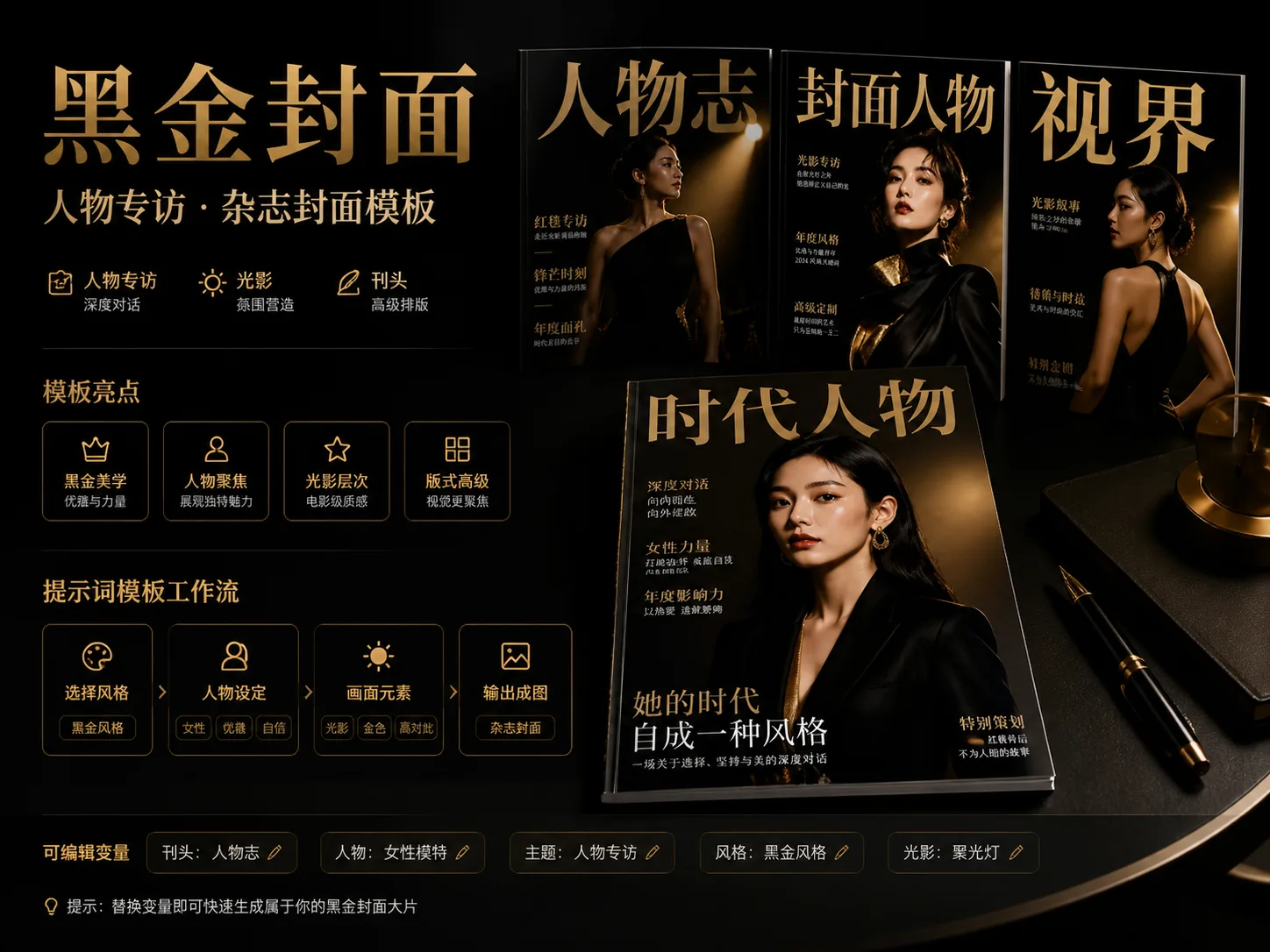 Overview of black and gold magazine cover prompt templates
