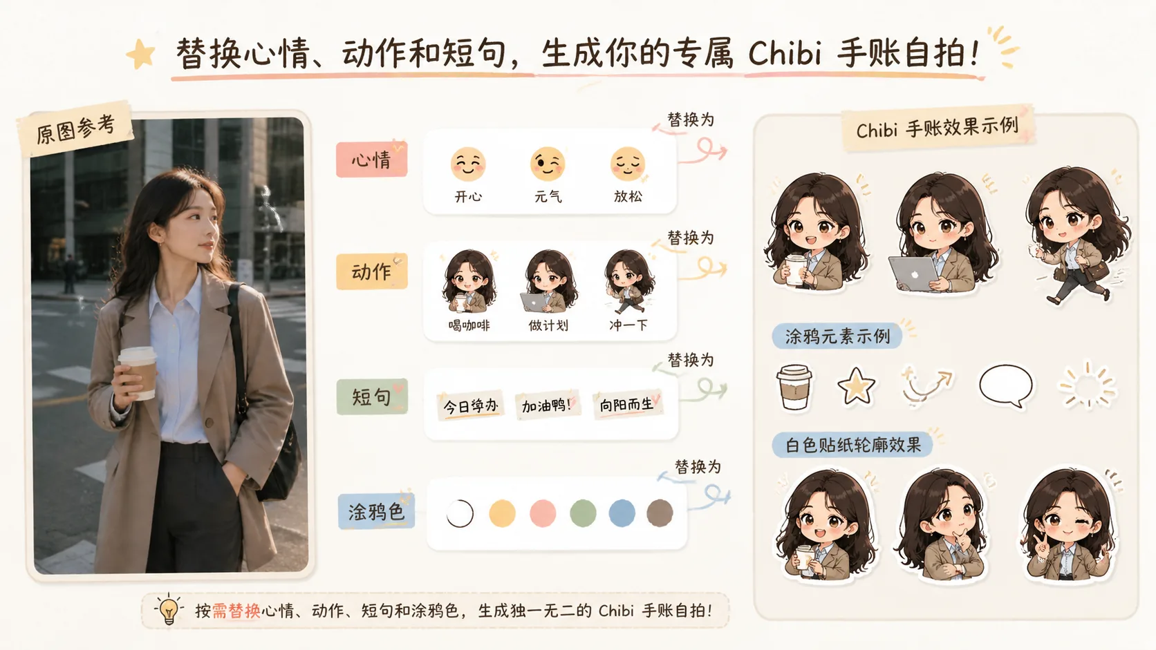 编辑心情、动作、短句和涂鸦颜色的自拍手账提示词流程图