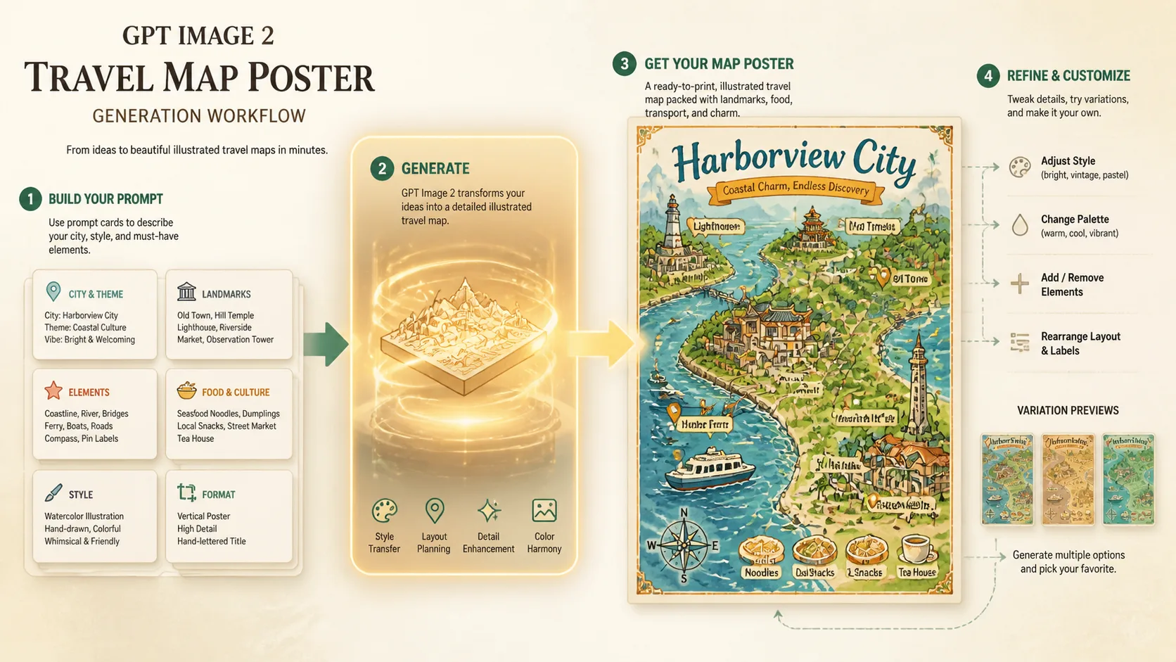 Generating and refining a finished illustrated city travel map poster with GPT Image 2