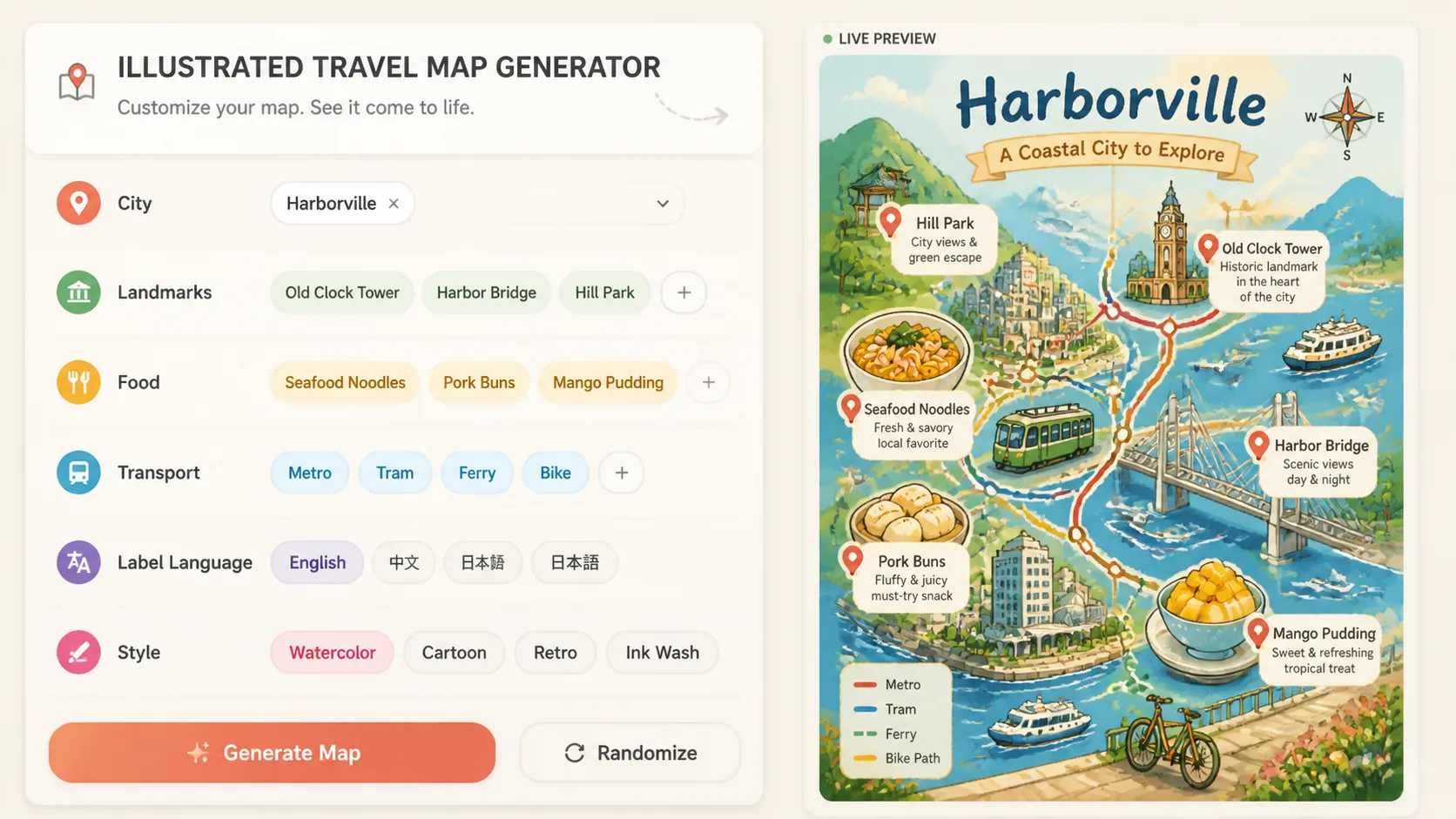 Editing city, landmark, food, transport, and label variables for a travel map prompt