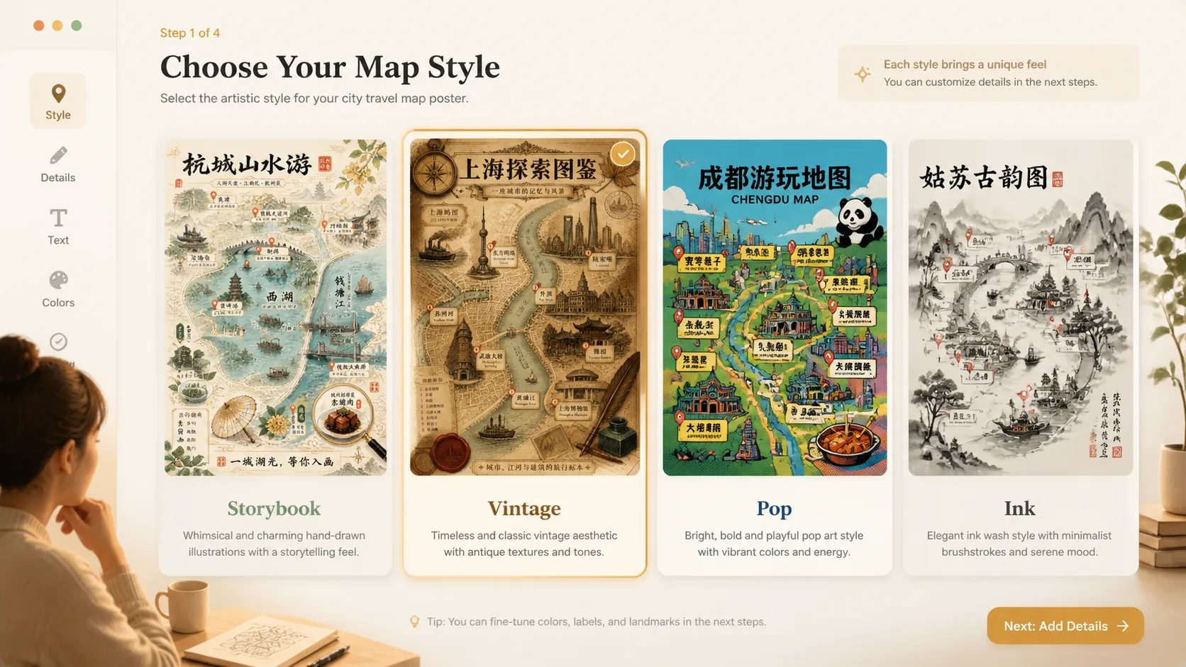 Choosing between storybook, vintage, pop, and ink travel map poster styles