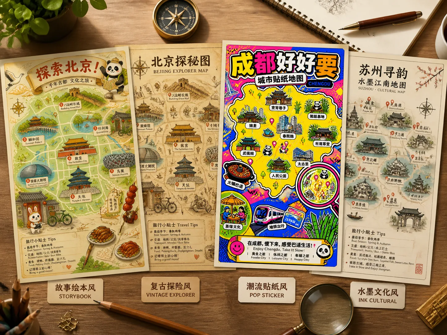 Overview of illustrated travel map poster templates with city landmarks, food, and style presets