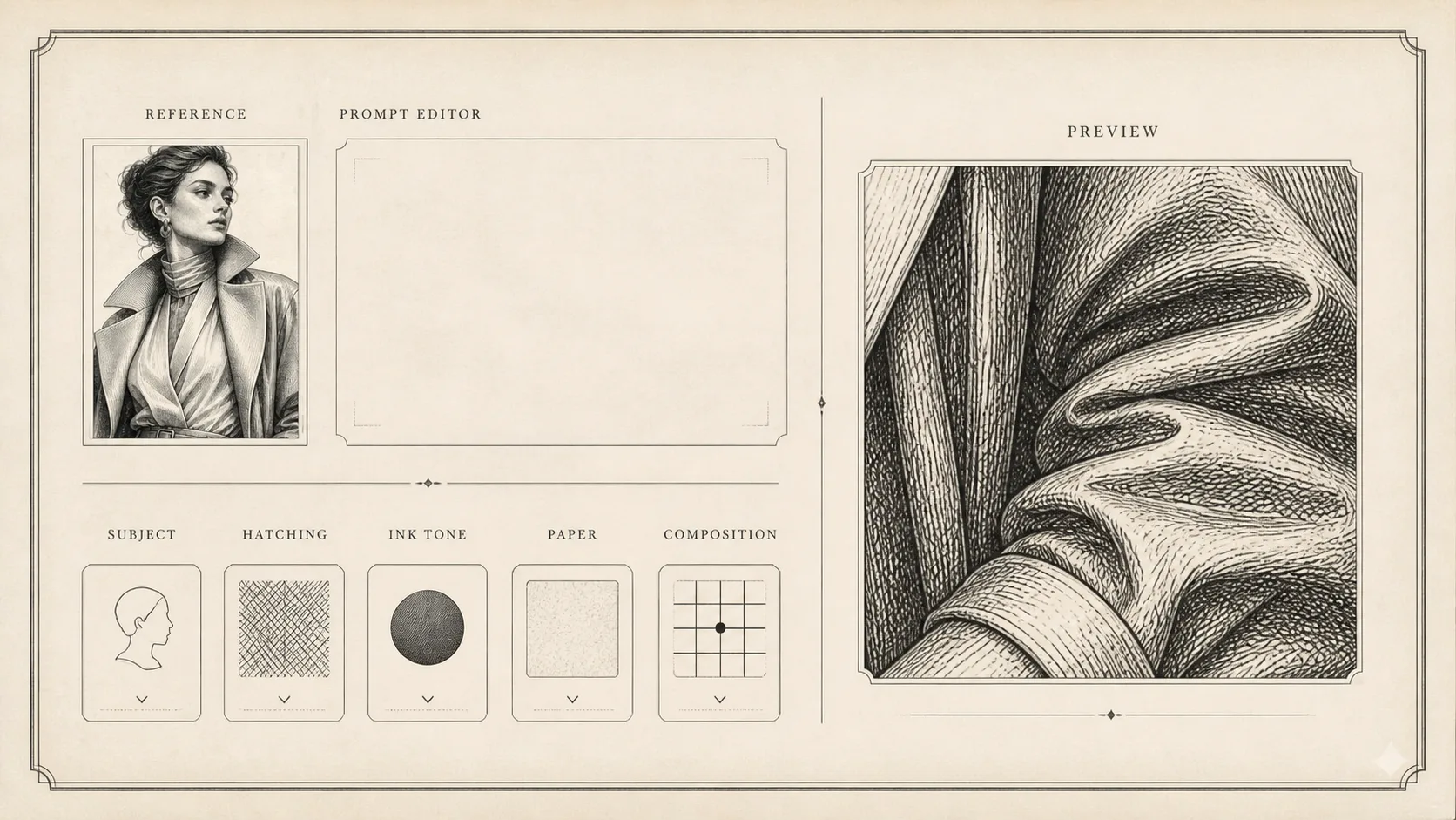 Editing subject and hatching variables for a burin engraving prompt