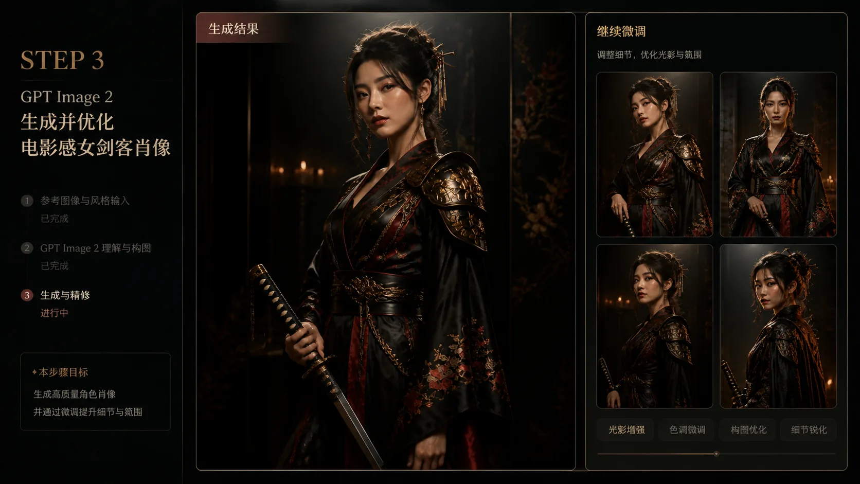 Generating and refining a GPT Image 2 swordswoman portrait