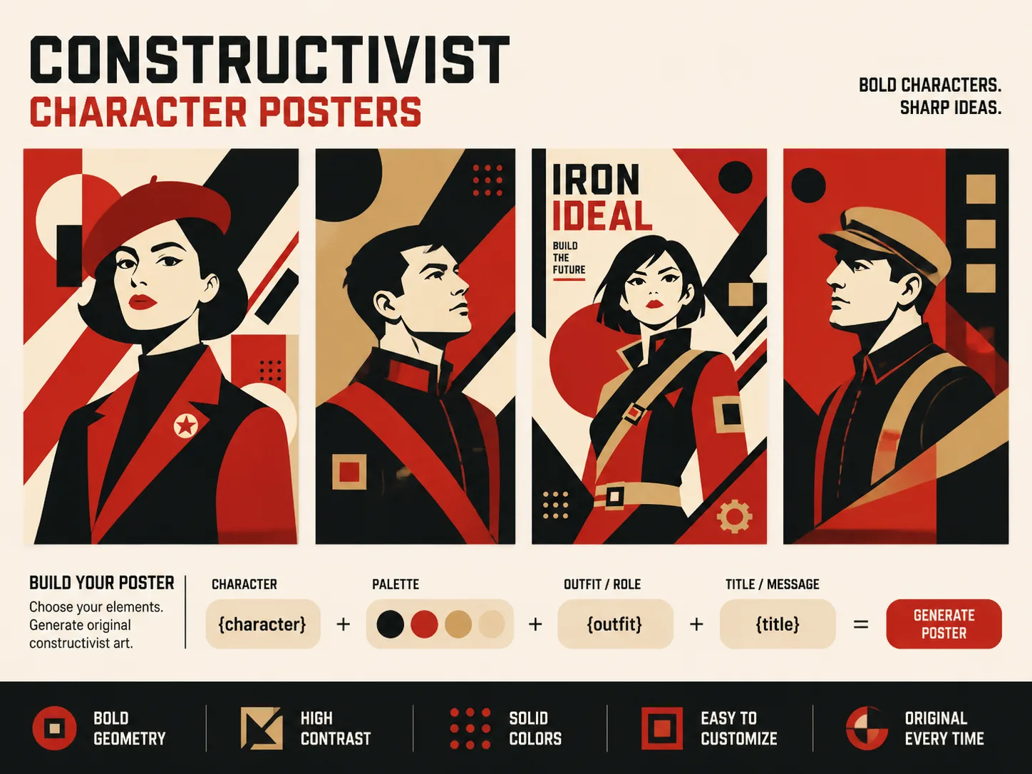 Constructivist character poster template gallery with solid color blocks and editable prompt variables