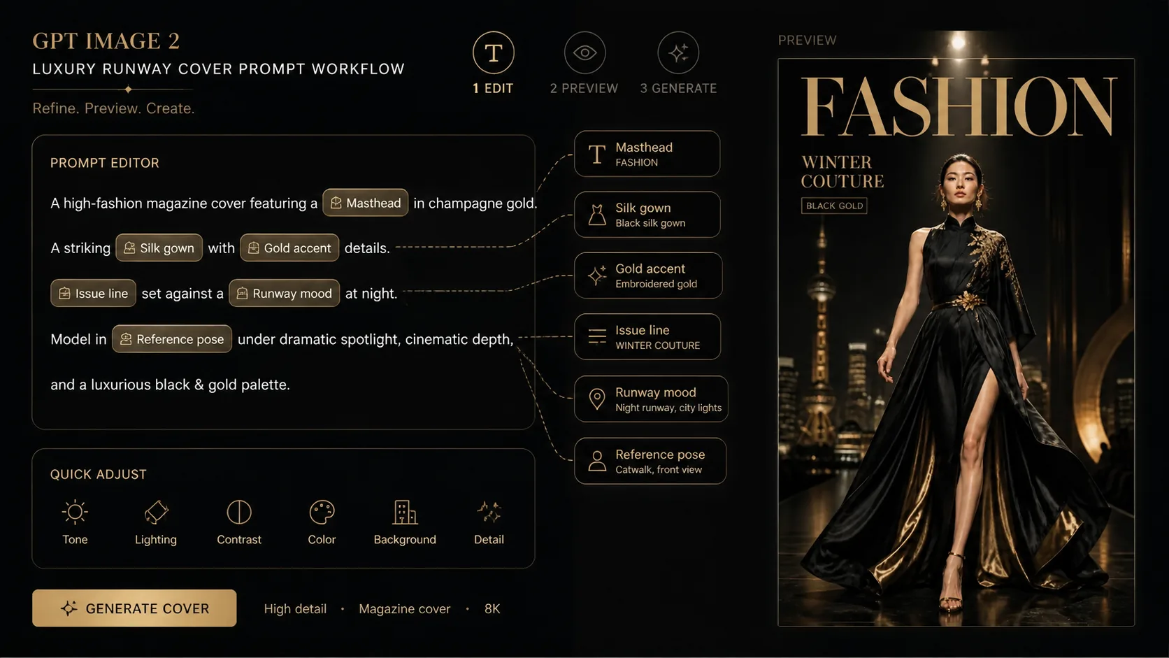 Editing masthead, garment, color, and issue variables for a runway cover prompt