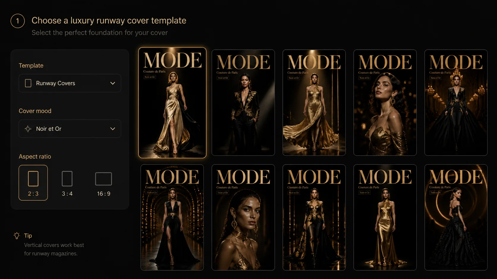 Choosing a luxury runway cover template from a visual prompt grid