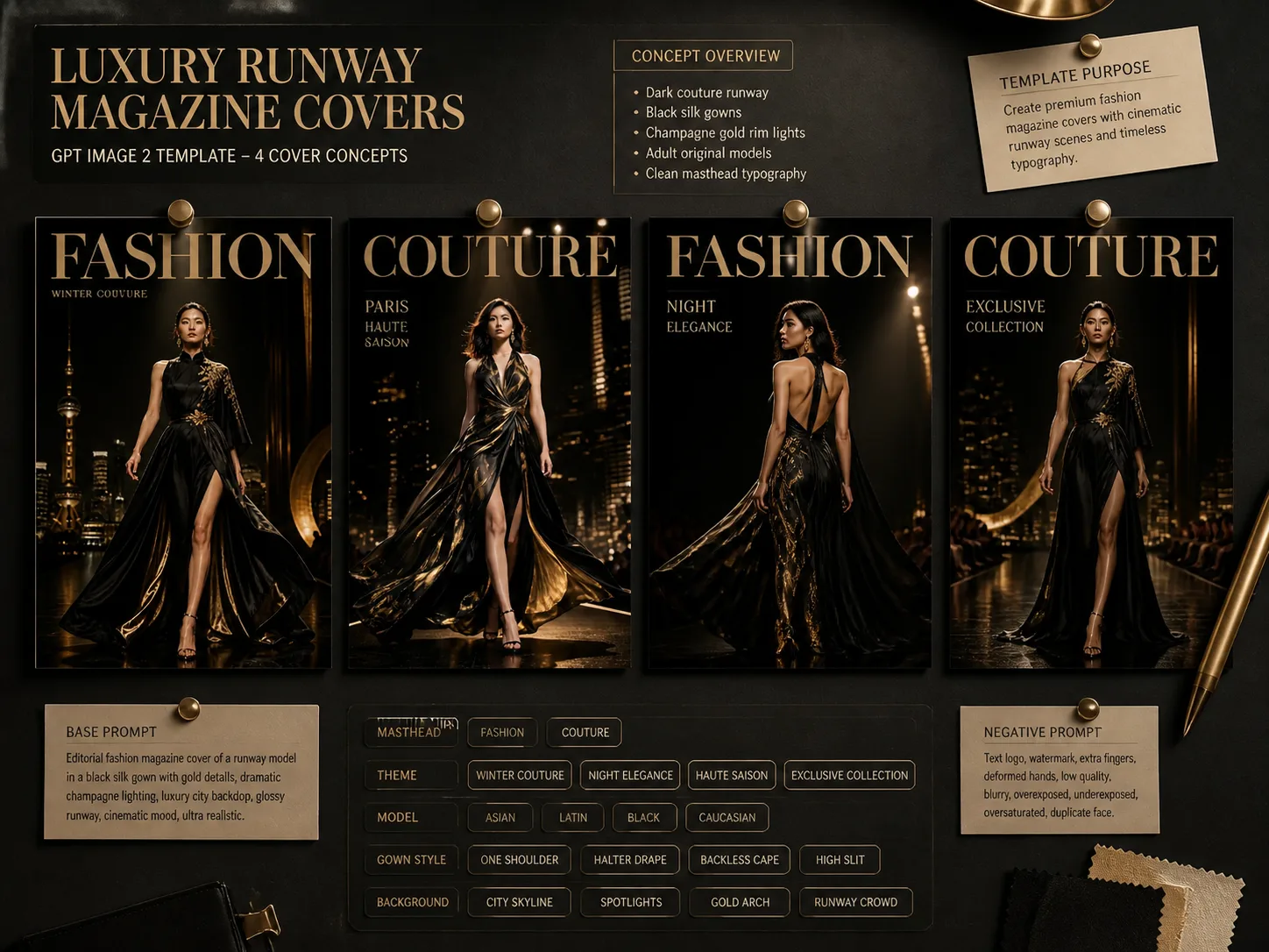 Overview of luxury runway cover templates with dark couture sample covers