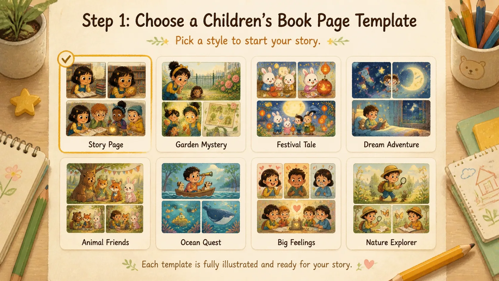 Choosing a children's picture book page prompt template from a warm illustrated grid