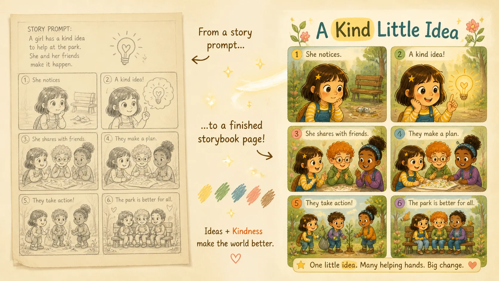Generating a finished hand-drawn children's picture book page from a reusable prompt