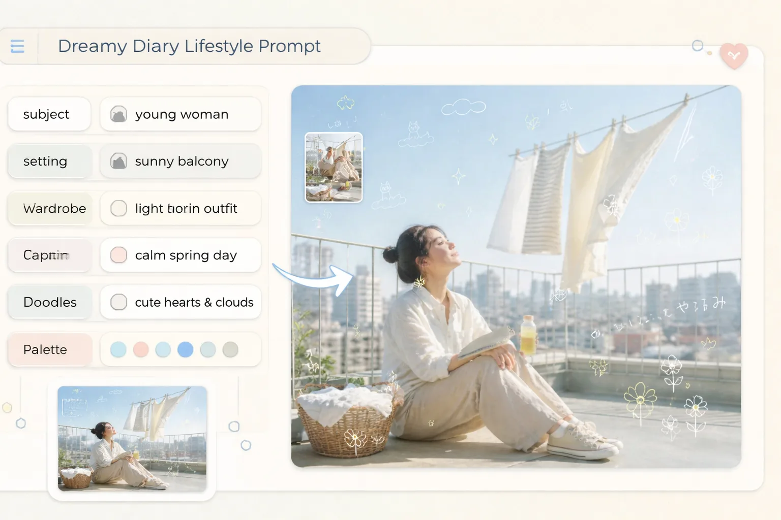 Dreamy Diary Photos Editing variables such as subject, location, wardrobe, doodles, and short caption text.