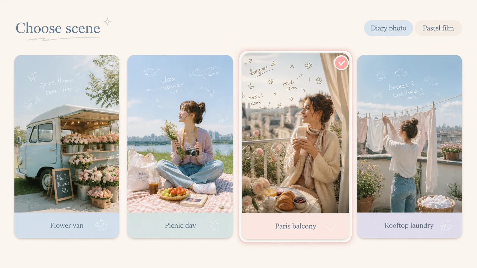 Dreamy Diary Photos Choosing a dreamy diary lifestyle scene from a gallery of reusable prompt examples.