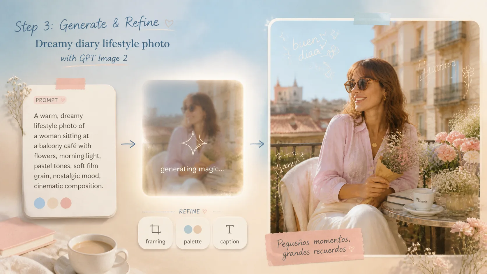 Dreamy Diary Photos Generating a polished GPT Image 2 lifestyle image and refining framing, palette, and captions.