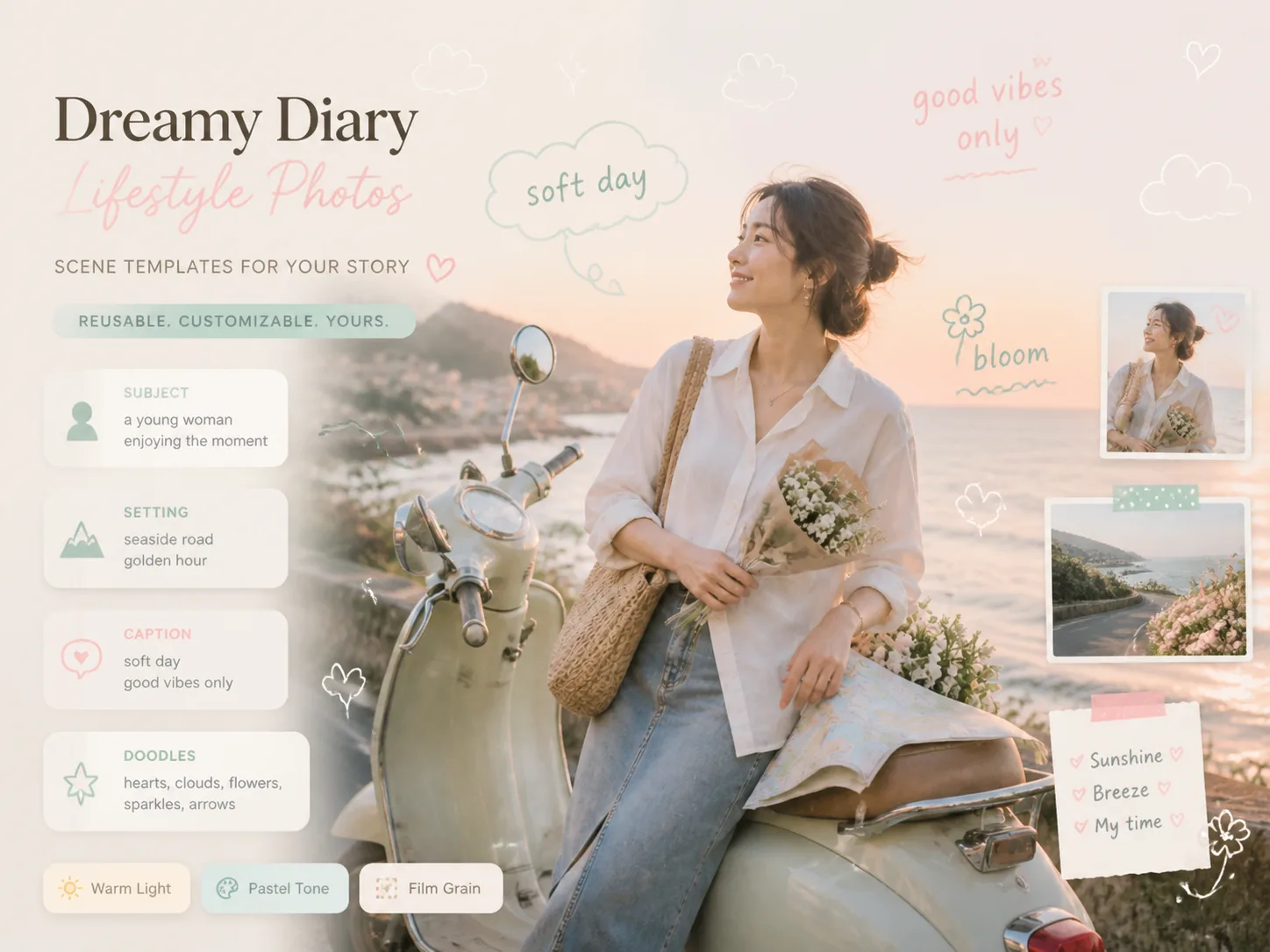 Dreamy Diary Photos Overview image showing the template promise: pastel lifestyle photos, doodles, captions, reusable prompt cards, and generated results.