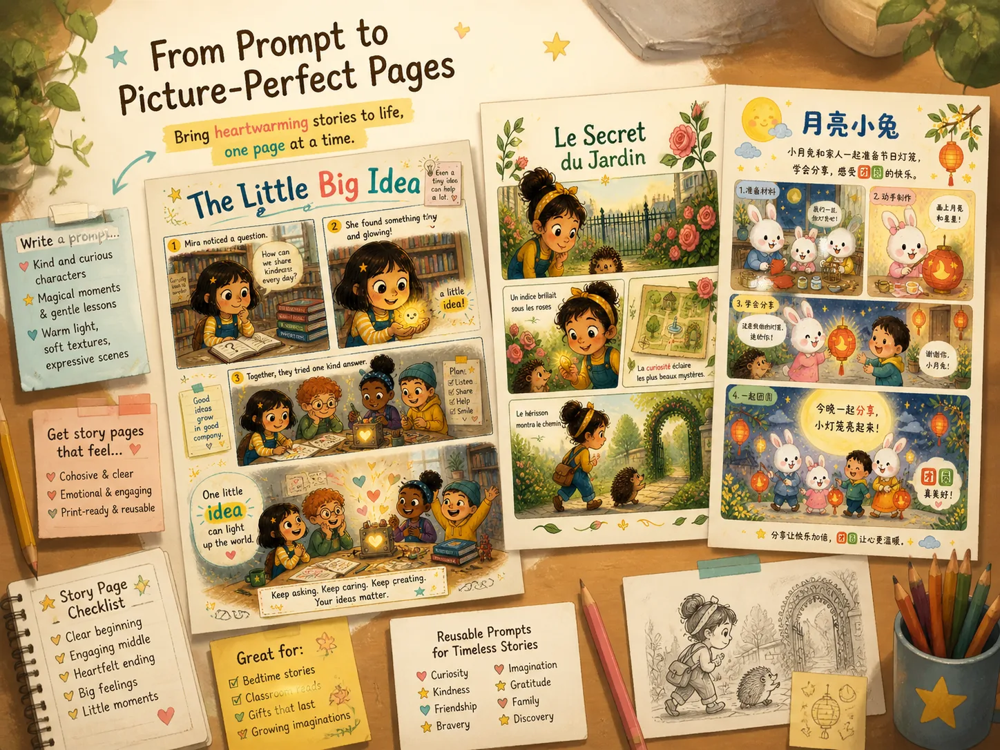 Overview of GPT Image 2 picture book page templates with hand-drawn storybook samples
