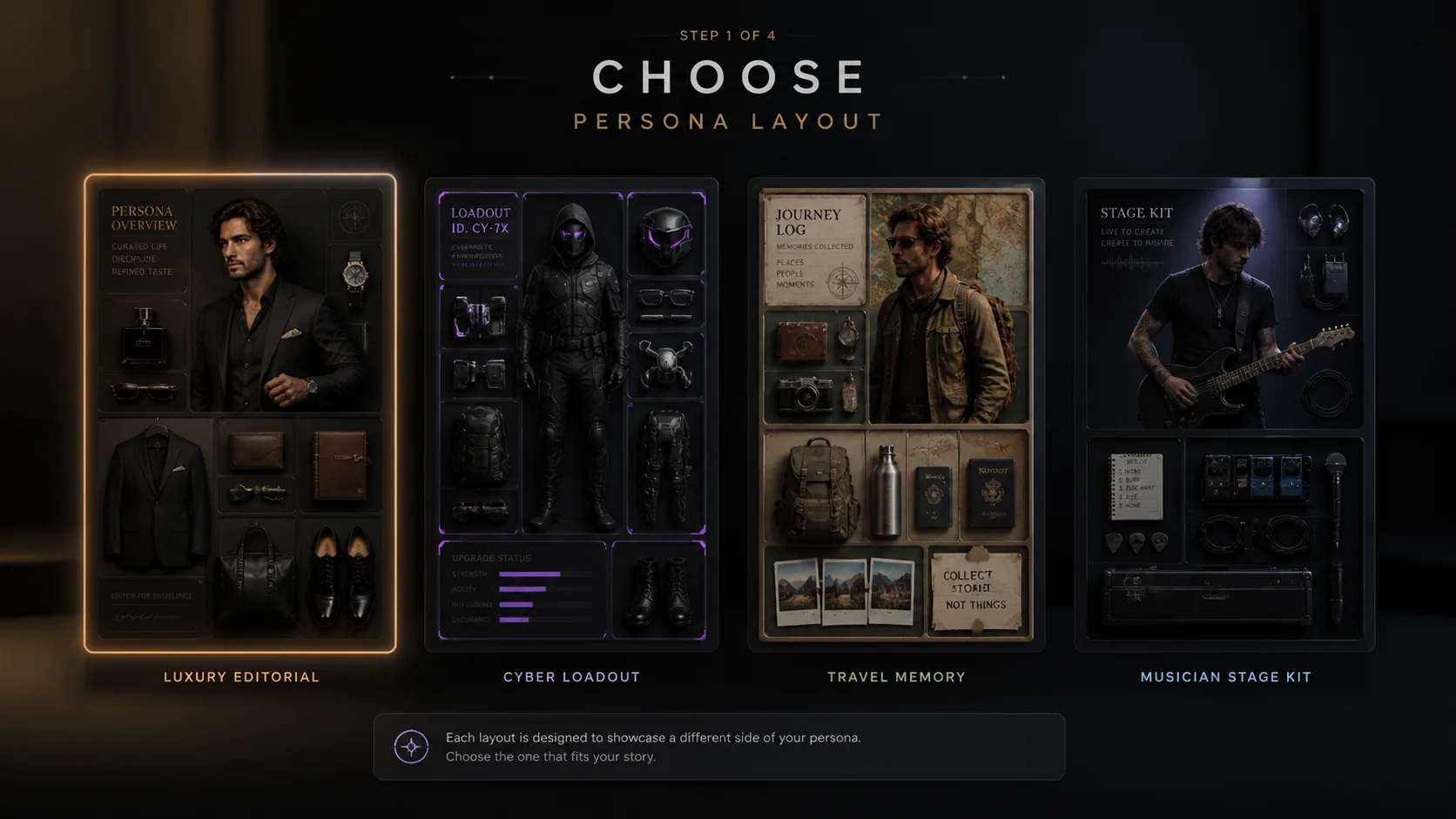 Choosing a character inventory poster template from a gallery of persona layouts