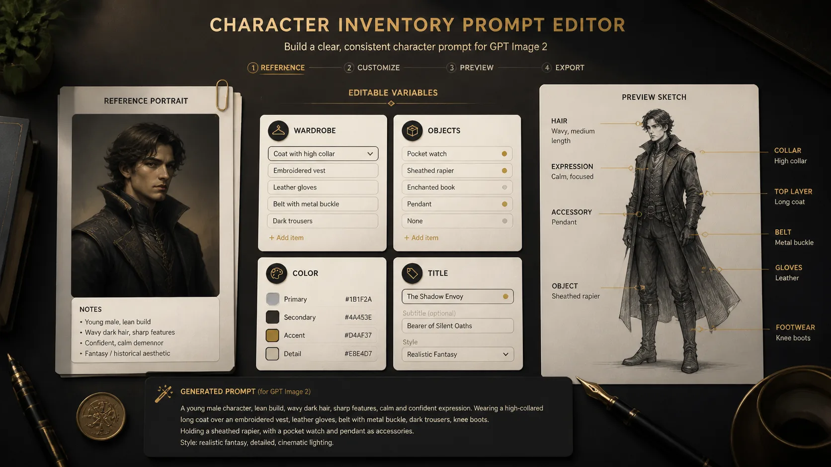 Editing character details, object categories, and prompt variables before generation