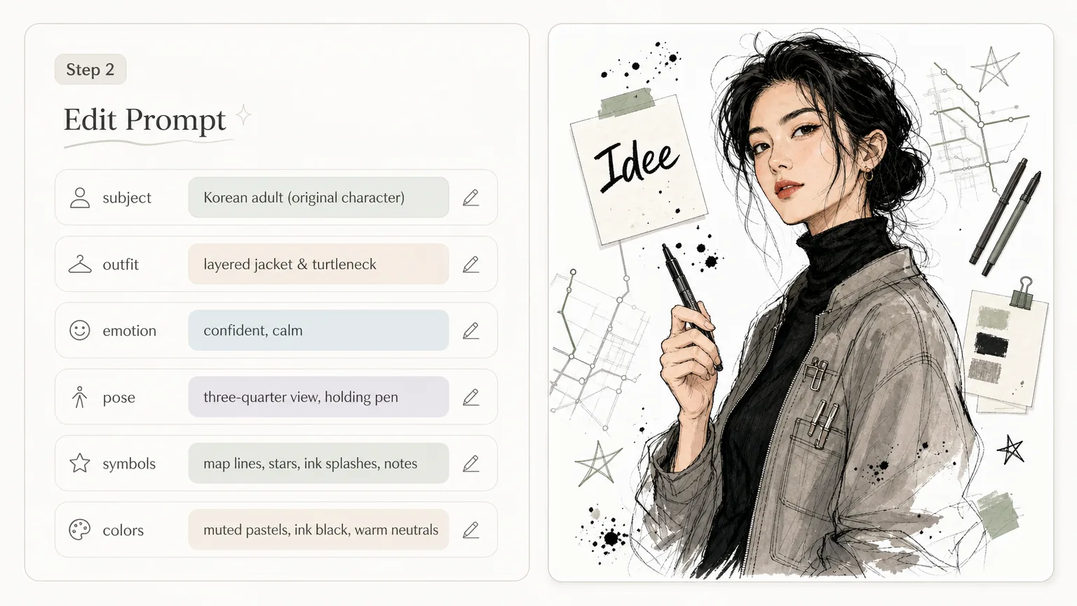 Editing subject outfit emotion pose symbols and color variables for a doodle portrait prompt