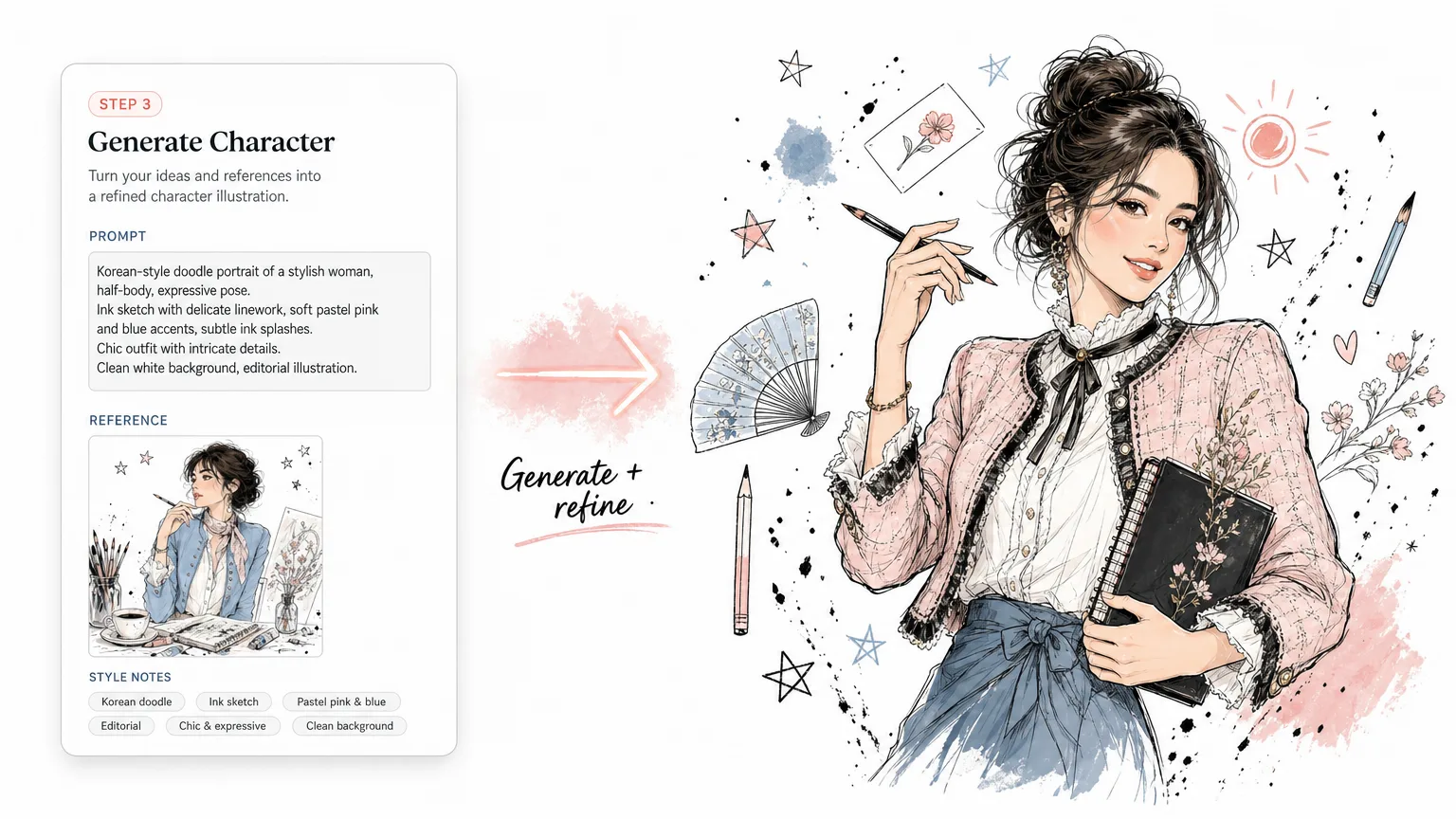 Generating and refining a Korean doodle character portrait from a GPT Image 2 prompt