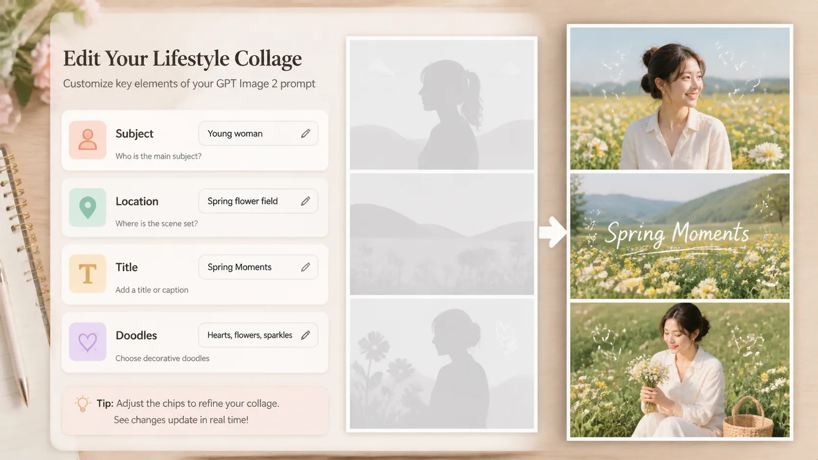 Editing subject location title and doodle variables for a lifestyle collage prompt