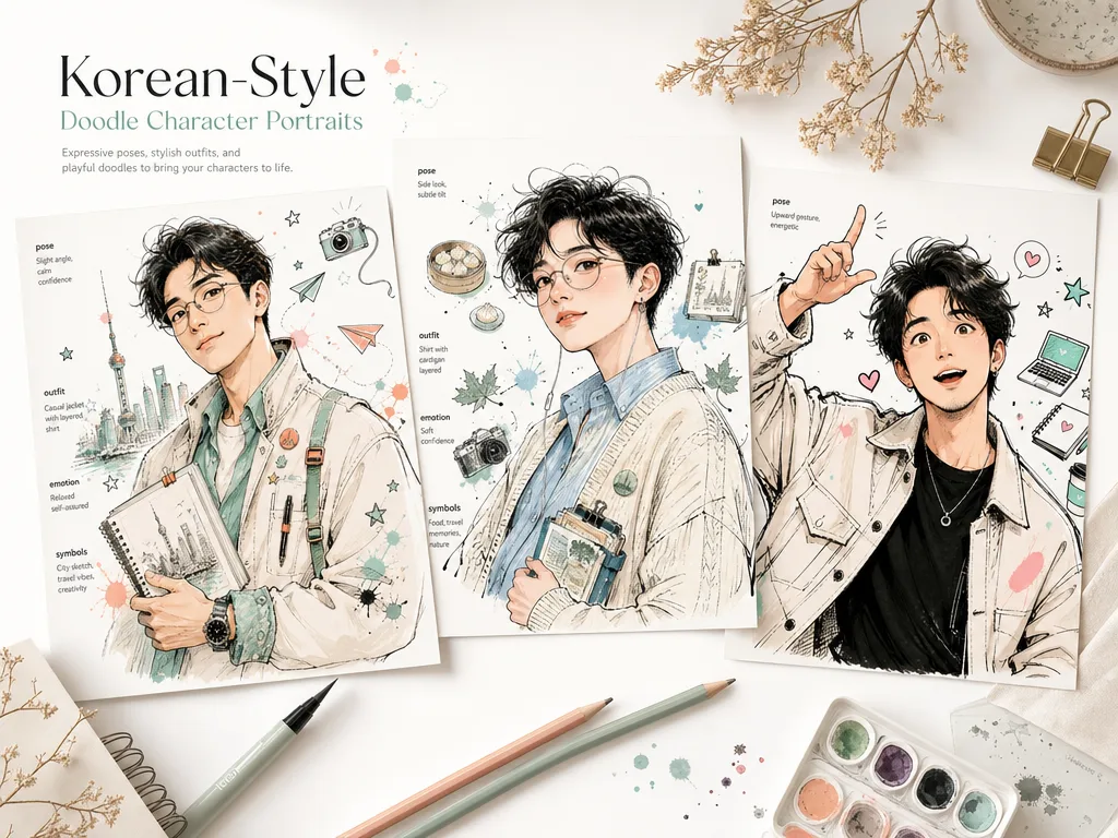 Overview of Korean doodle character portrait templates with ink splashes and pastel sketch details