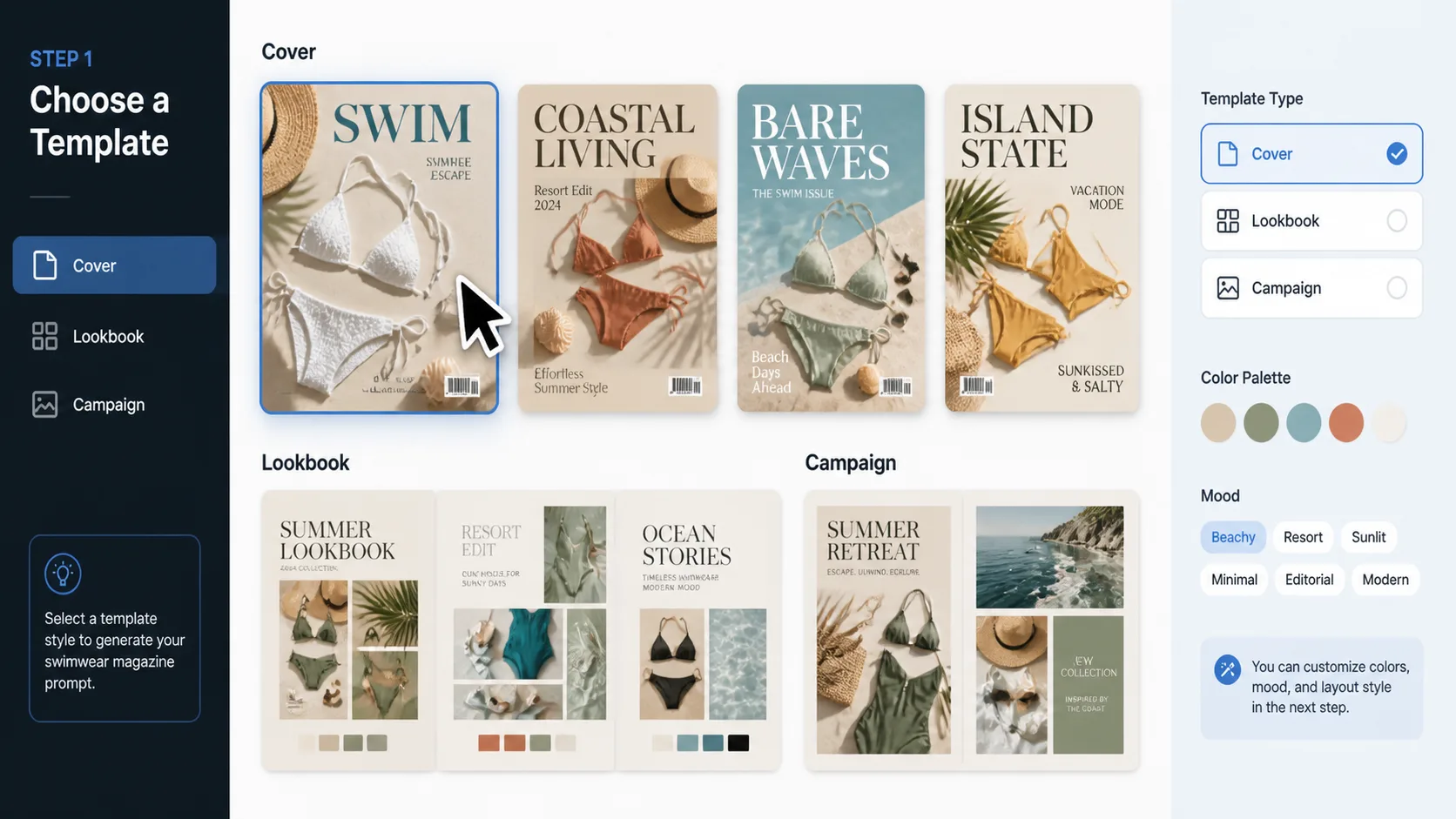 Choosing a swimwear fashion magazine prompt template from a visual gallery