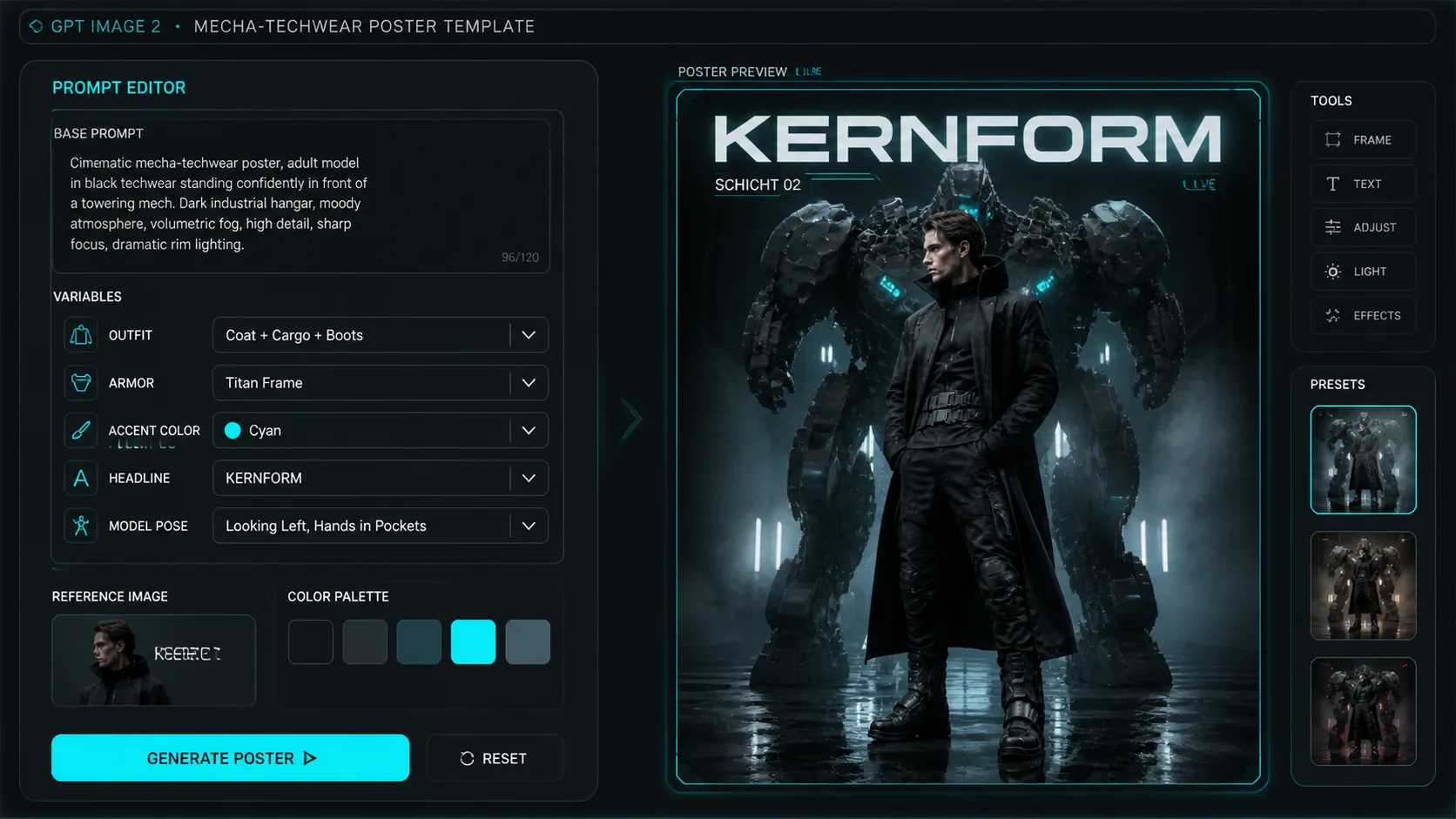 Editing outfit, armor, color, and poster text variables for a mecha techwear prompt