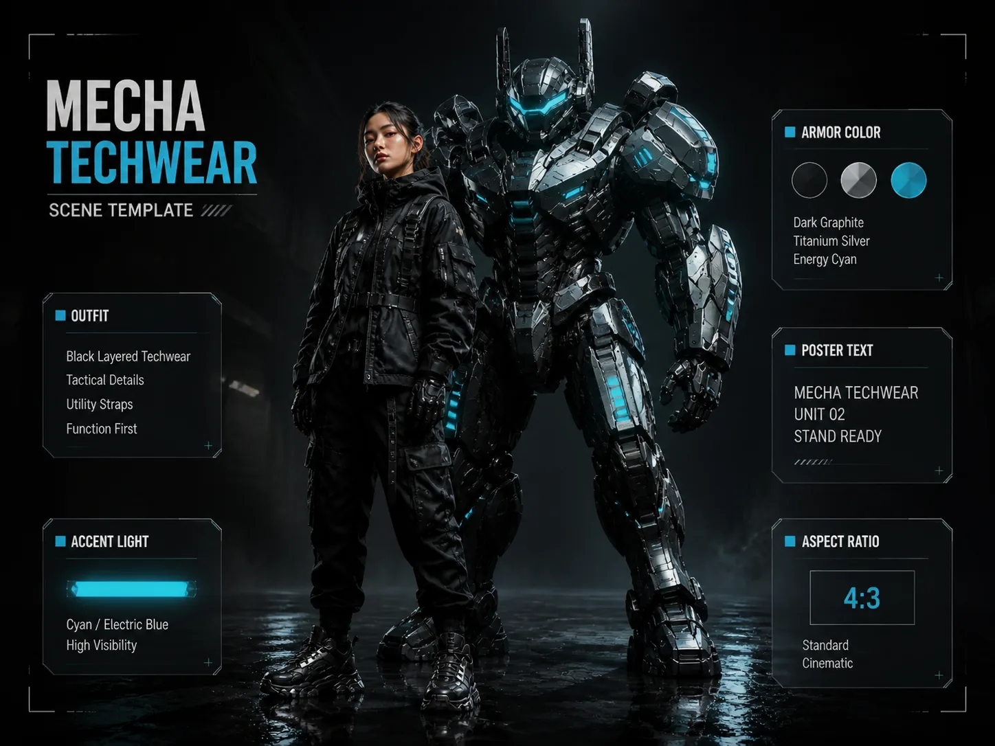Mecha techwear prompt template overview with model, robotic armor, and editable HUD variables