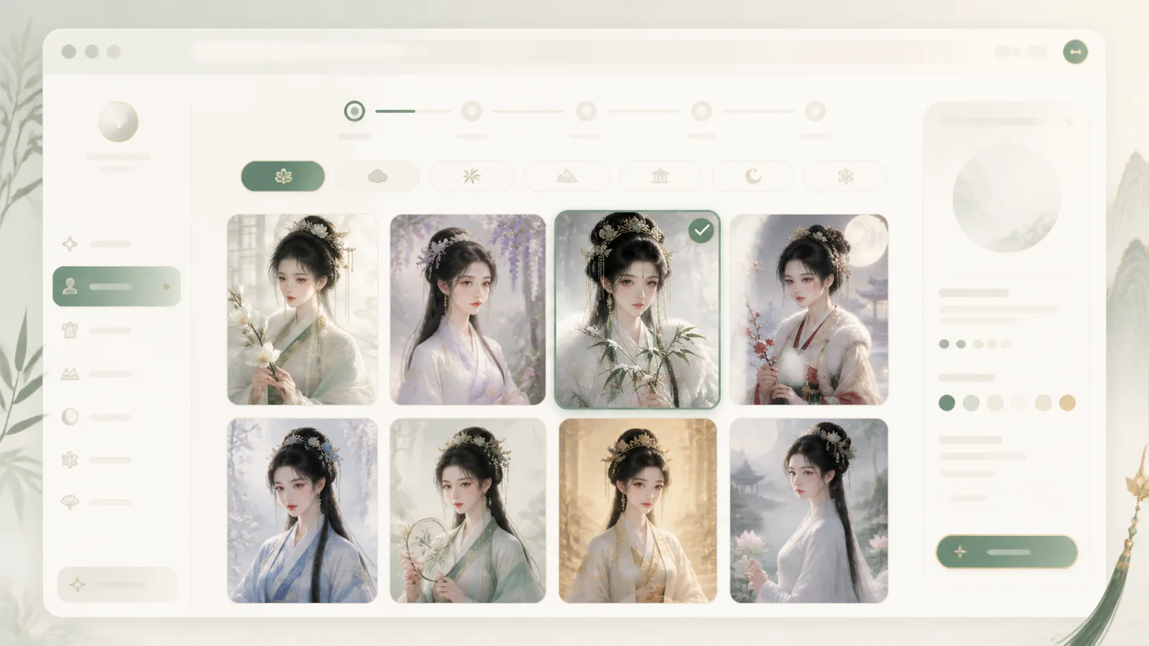 Choosing a guofeng beauty portrait template in a GPT Image 2 workspace