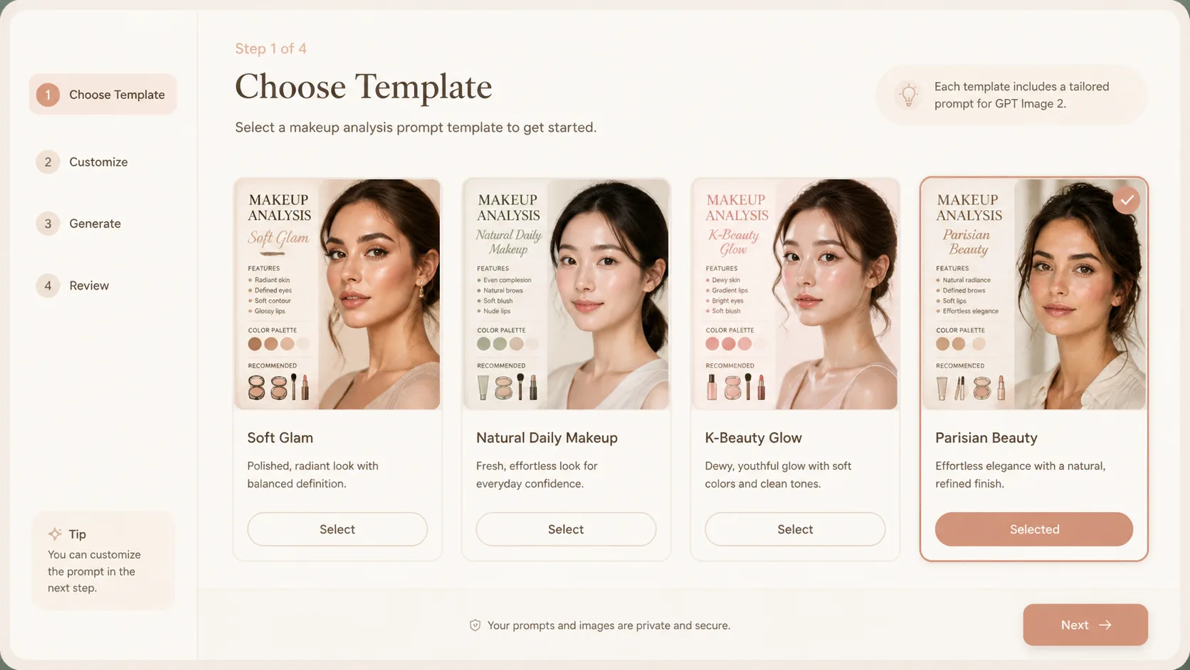 Choosing a GPT Image 2 makeup analysis prompt template from a clean template gallery