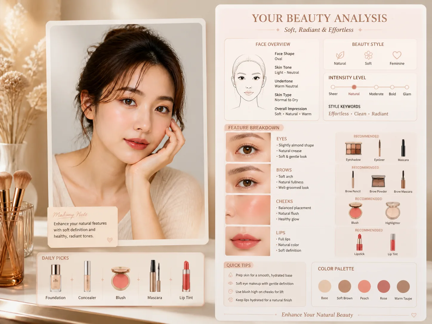 Overview of makeup analysis infographic templates with portrait reference, beauty modules, product icons, and intensity scale