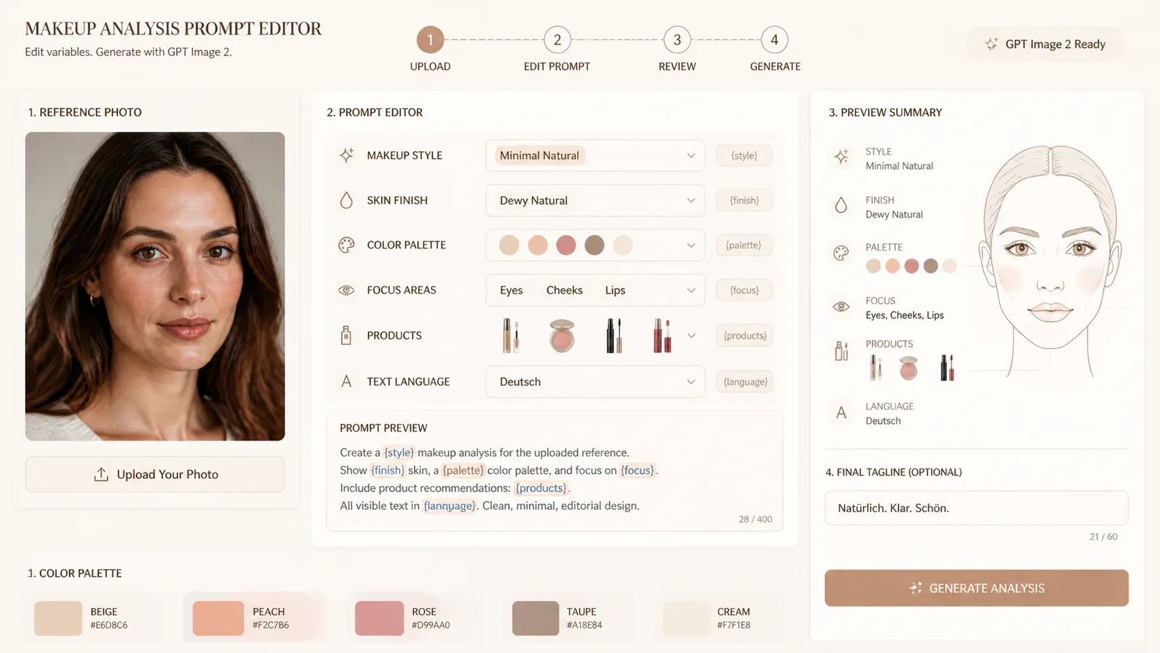 Editing makeup style, palette, product icons, and visible text variables before generating a beauty infographic