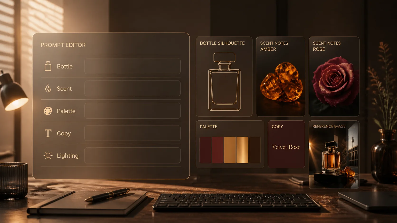 Editing perfume ad prompt variables for bottle shape, scent notes, palette, copy, and lighting