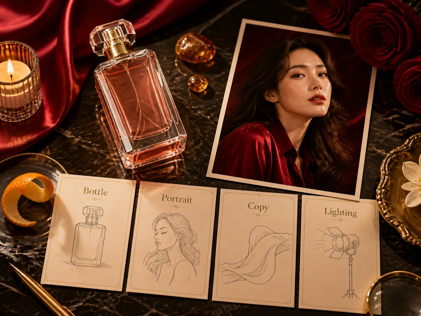 Luxury perfume ad prompt overview with bottle, portrait, copy cards, silk, flowers, and lighting references