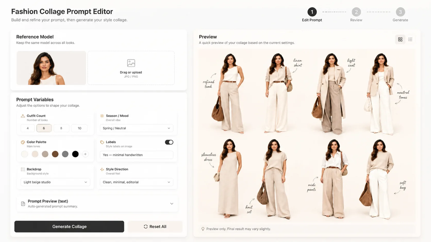 Editing reference image and outfit variables for a fashion collage prompt