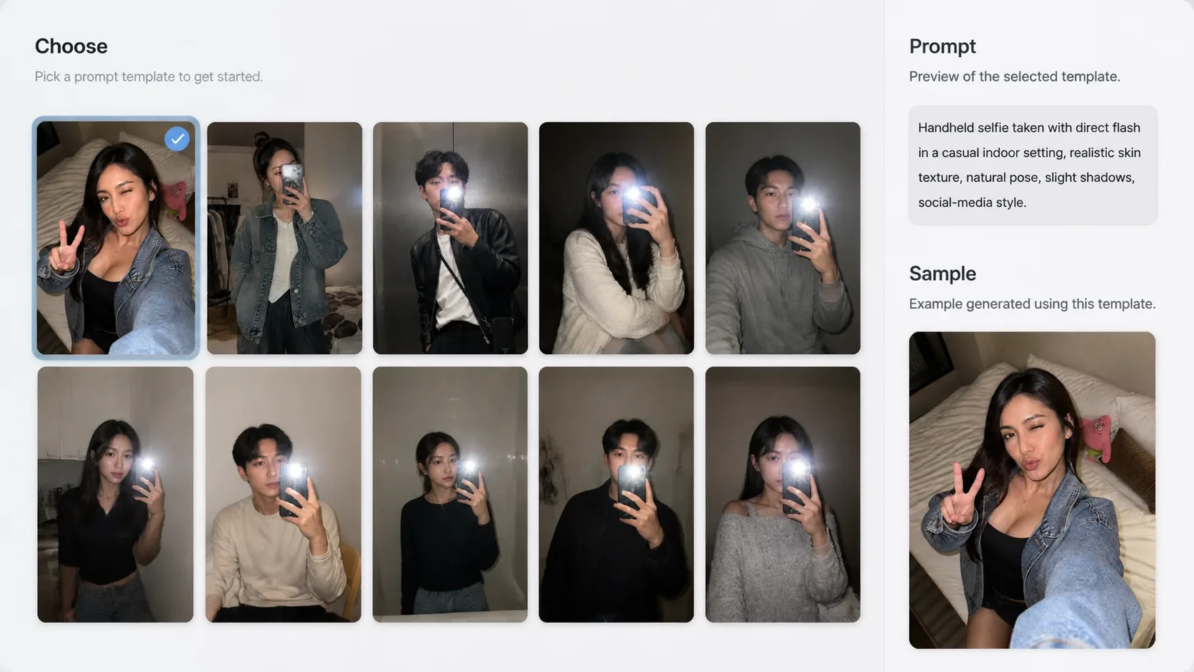 Choosing a casual flash selfie prompt template from a GPT Image 2 gallery.