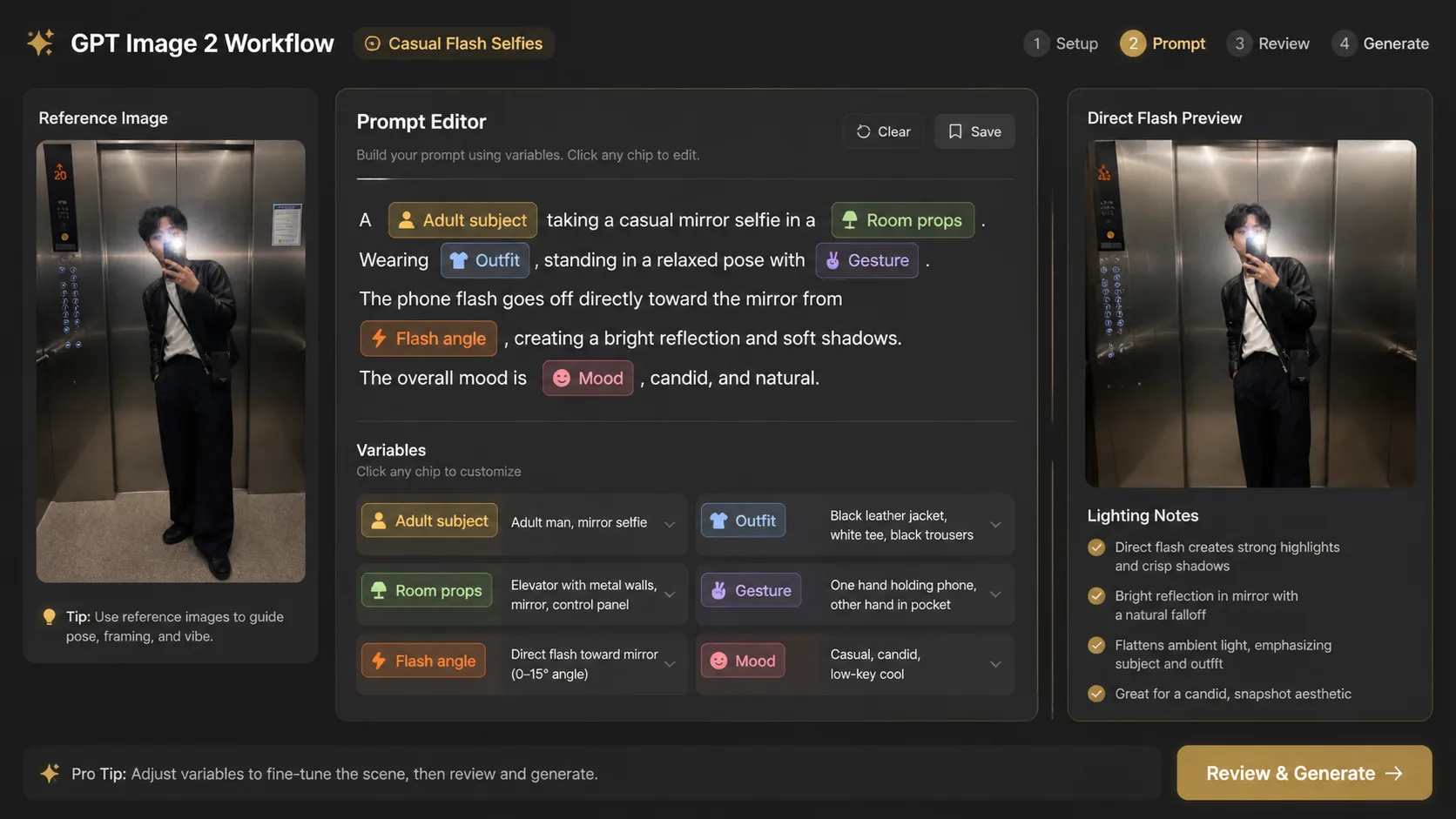 Editing outfit, room, gesture, and flash variables in a selfie prompt template.