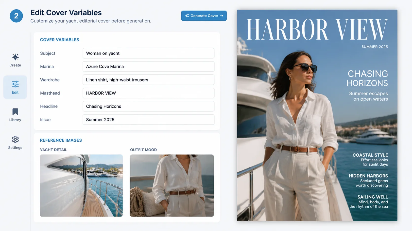 Yacht Cover Templates Editing cover variables such as subject, location, wardrobe, masthead, headline, and issue text.