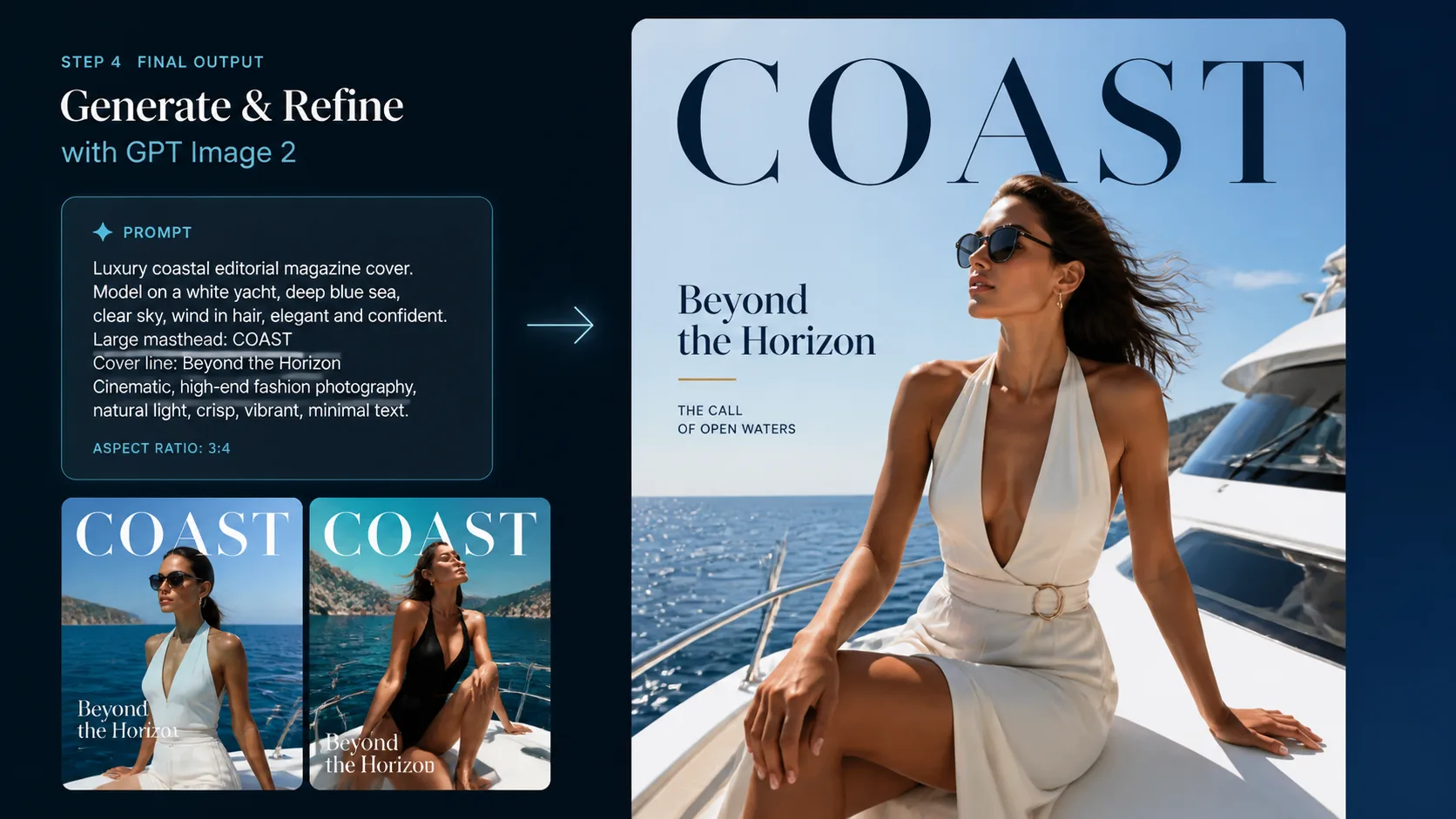 Yacht Cover Templates Generating a polished GPT Image 2 coastal fashion cover and refining text and framing.