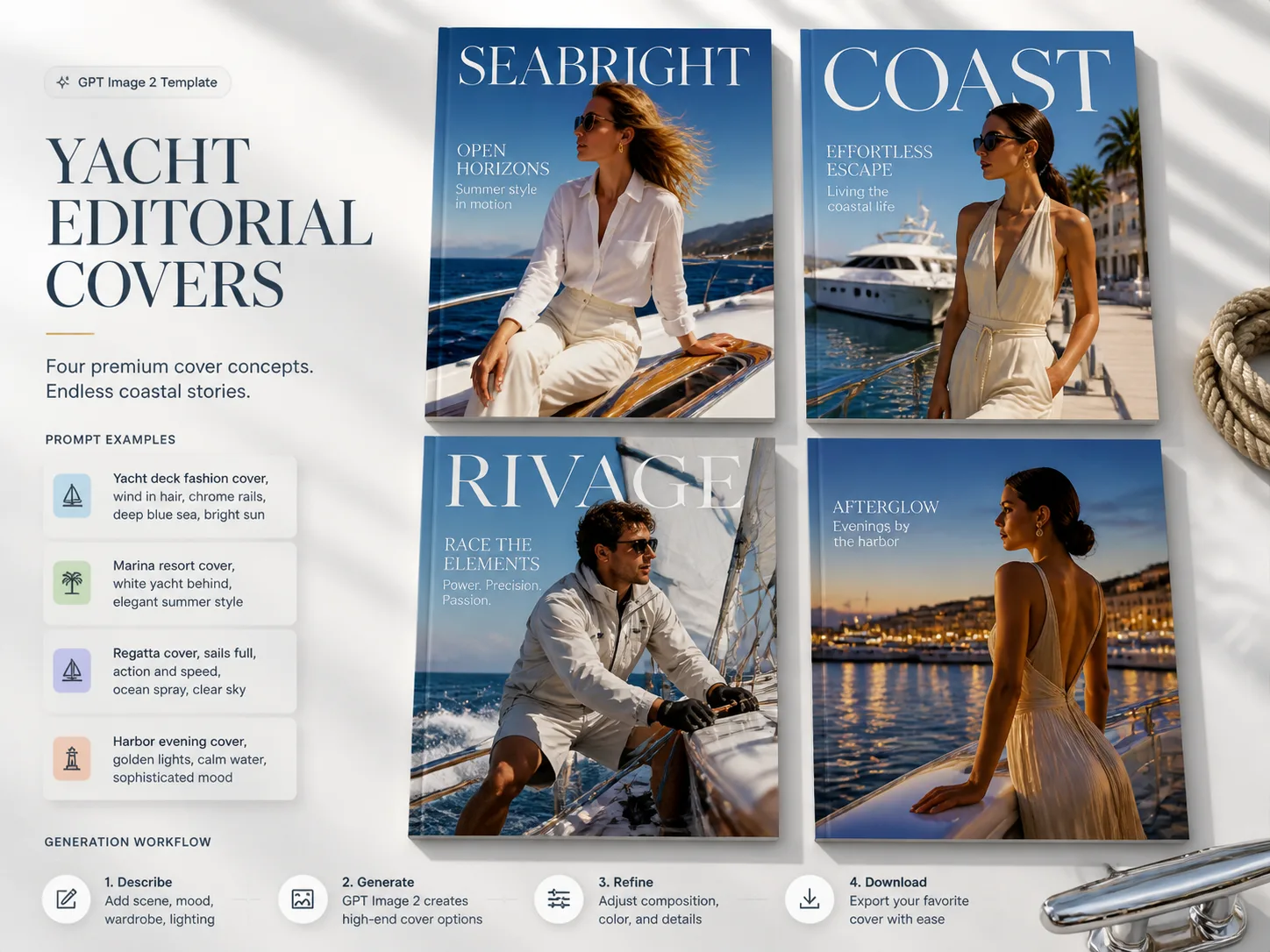 Yacht Cover Templates Overview showing yacht editorial cover examples, fictional mastheads, prompt cards, and coastal fashion outputs.