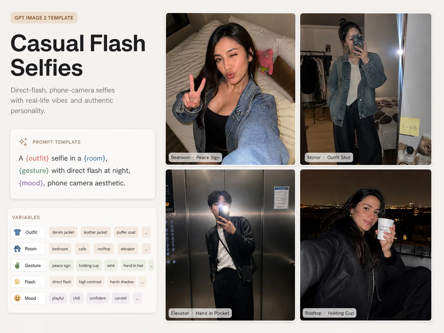 Overview of GPT Image 2 casual flash selfie prompt templates with editable variables.
