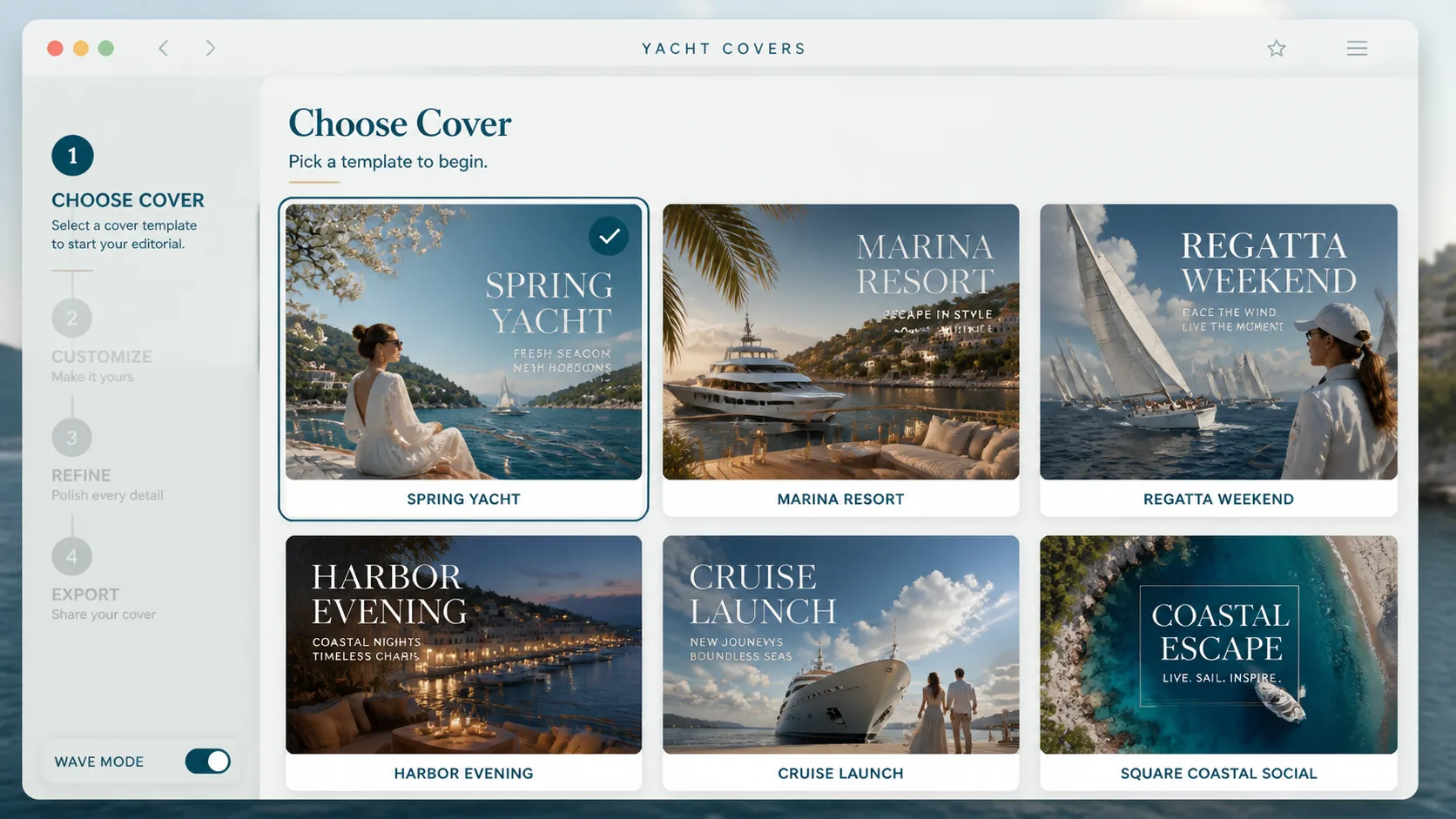 Yacht Cover Templates Choosing a yacht, marina, regatta, harbor, or cruise editorial cover template.