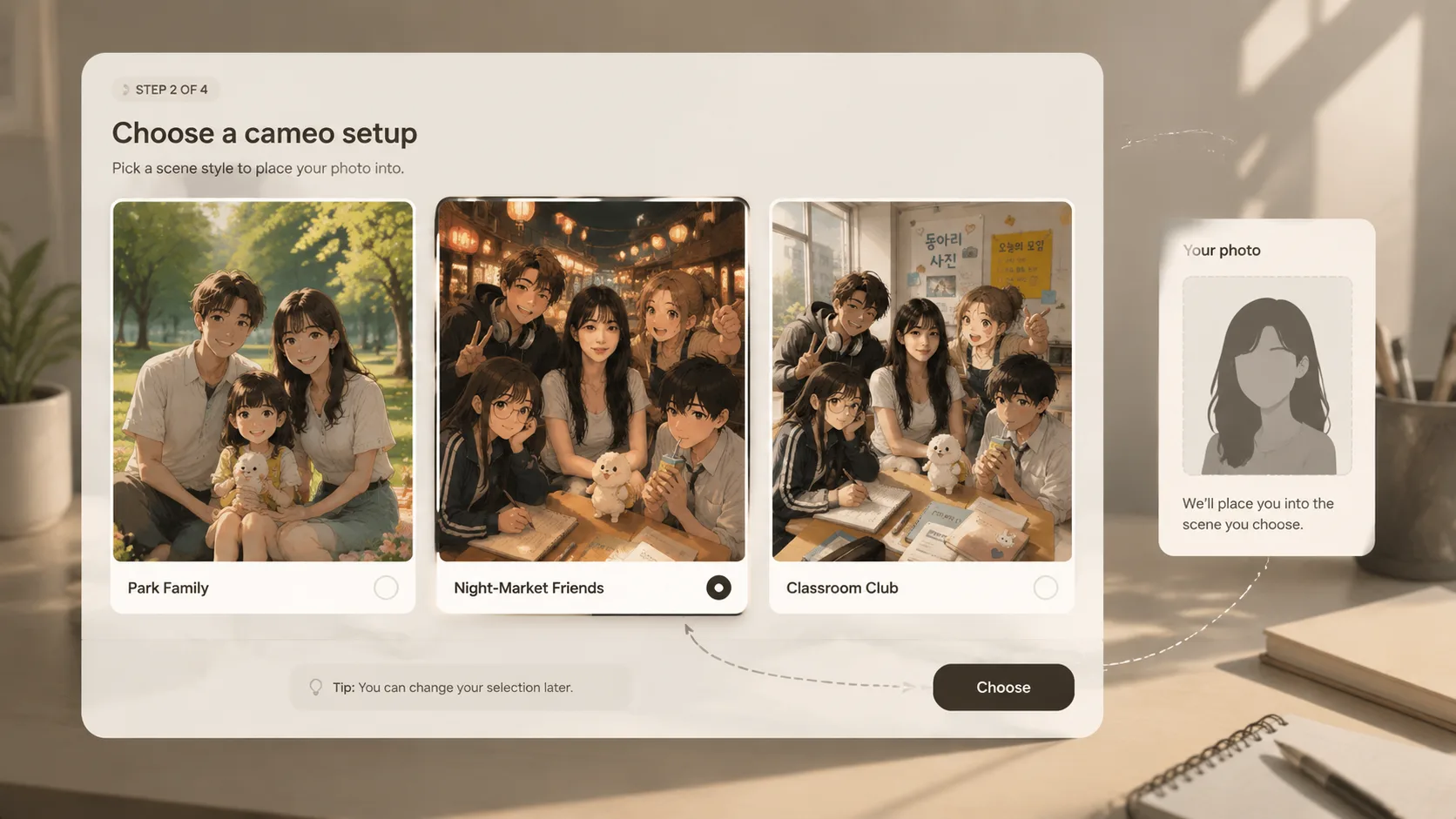 Choosing an animated cameo photo template from a GPT Image 2 scene grid